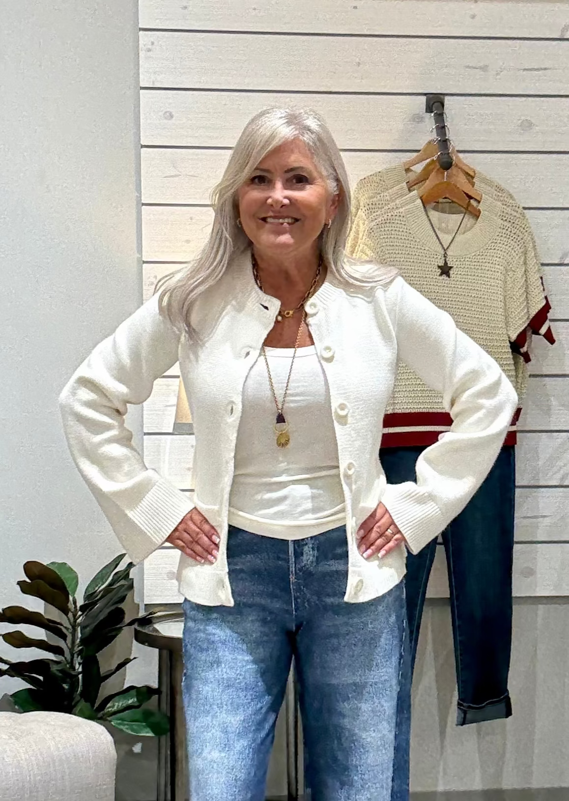 Button Up Crew Neck Sweater with Bell Sleeve- off white