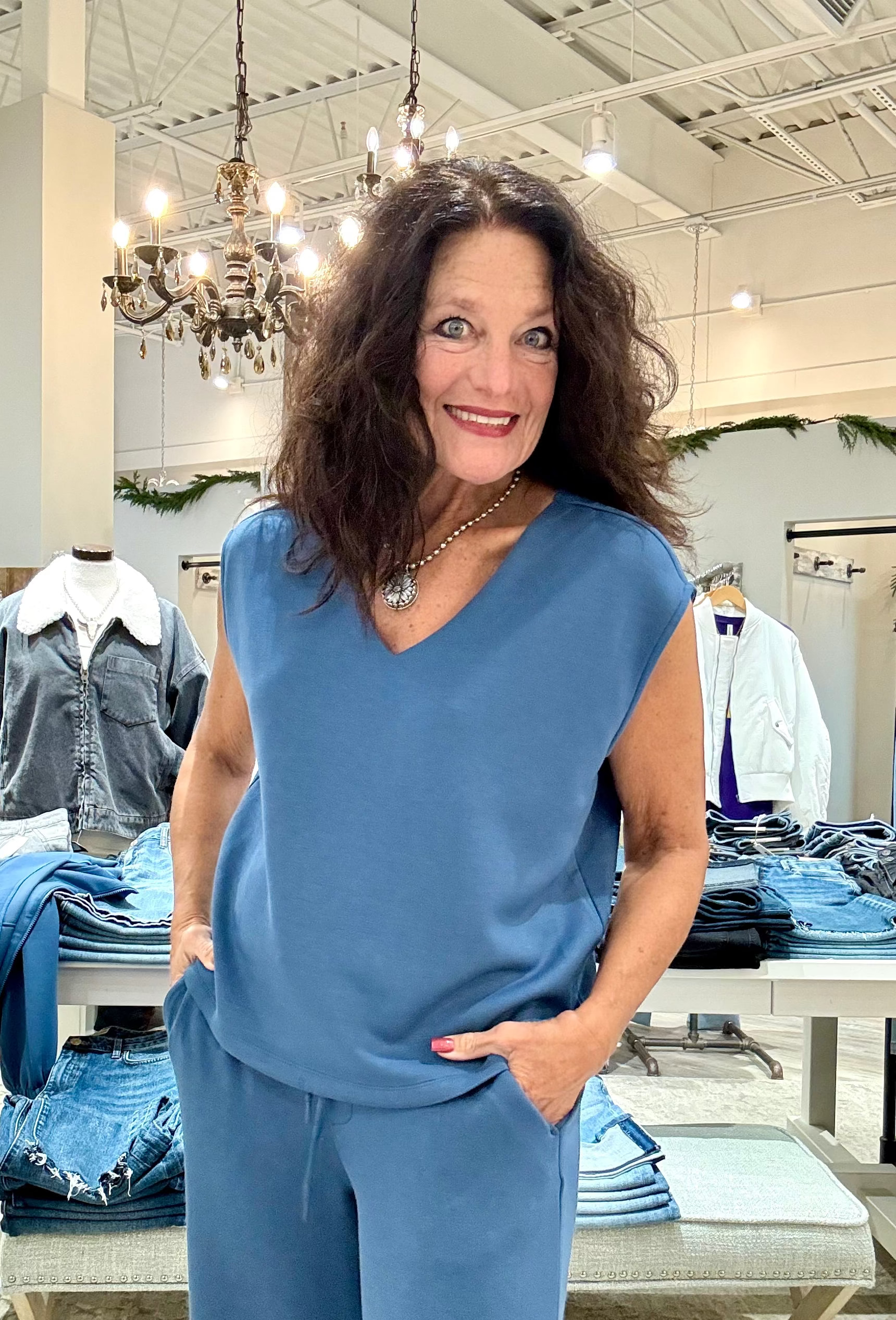 Dolman Sleeve V-Neck Top- Prussian blue