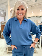 V-Neck Popover with Collar- Prussian blue