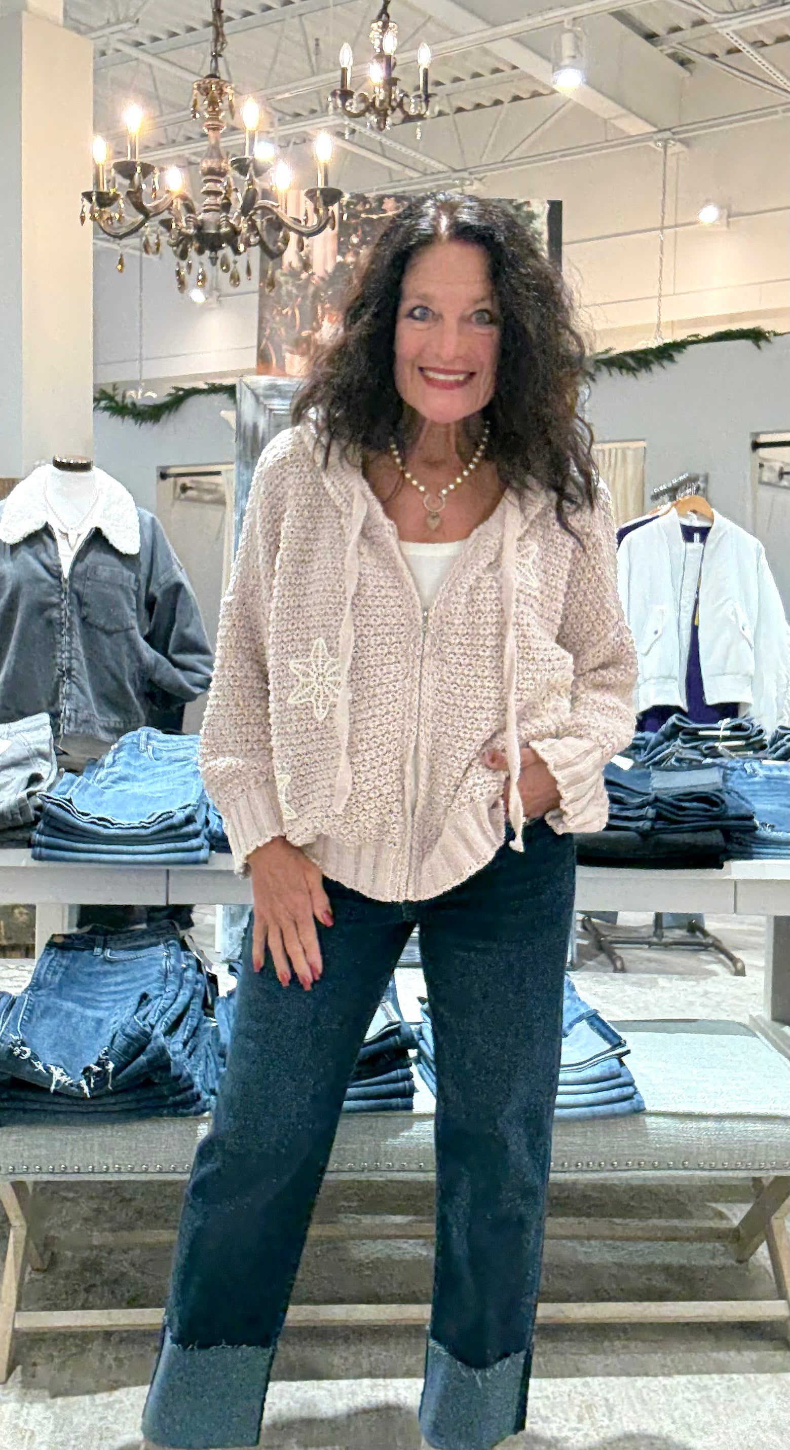 Balloon Sleeve Knit Zip Up Jacket with Hood