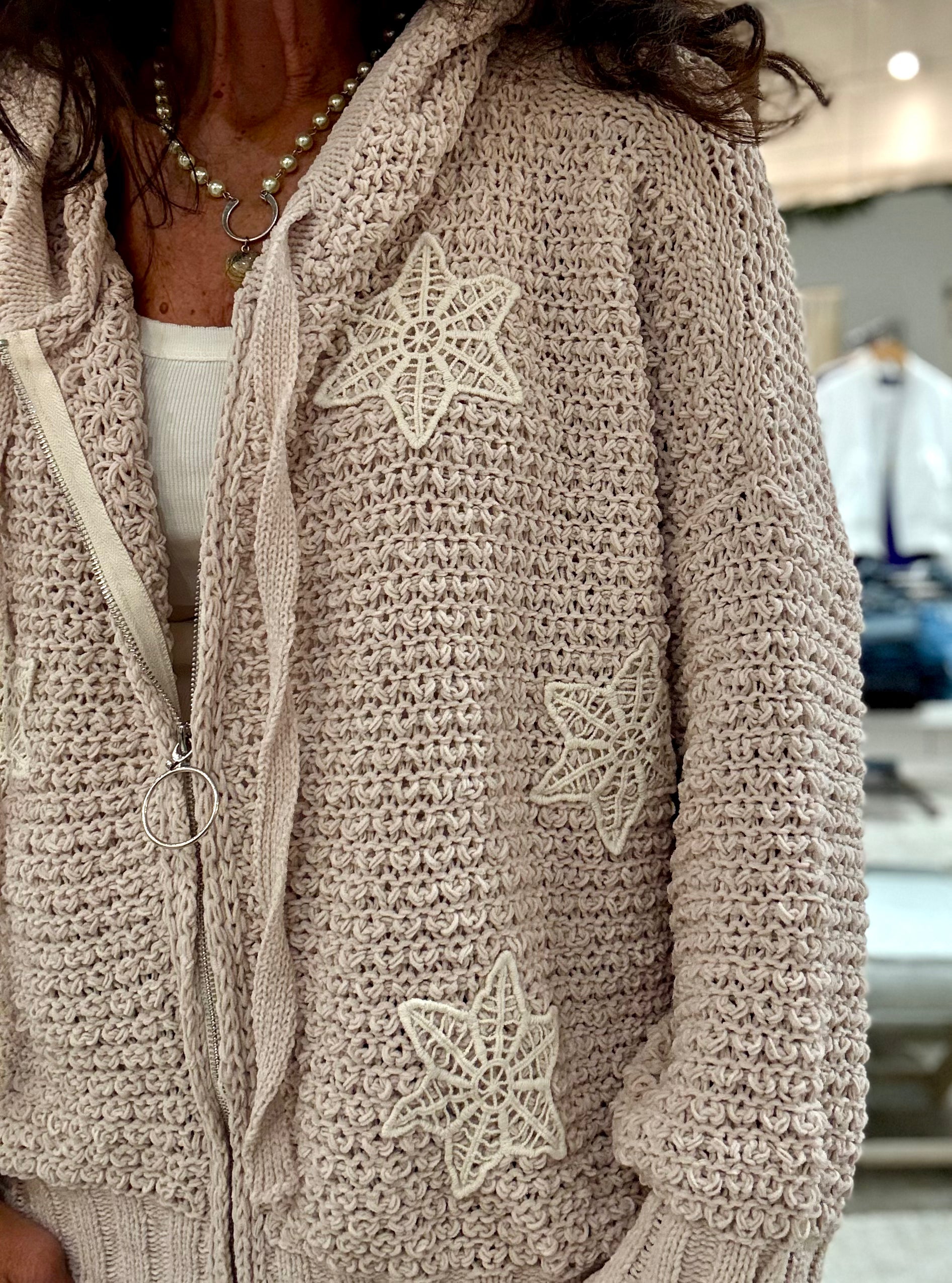 Balloon Sleeve Knit Zip Up Jacket with Hood