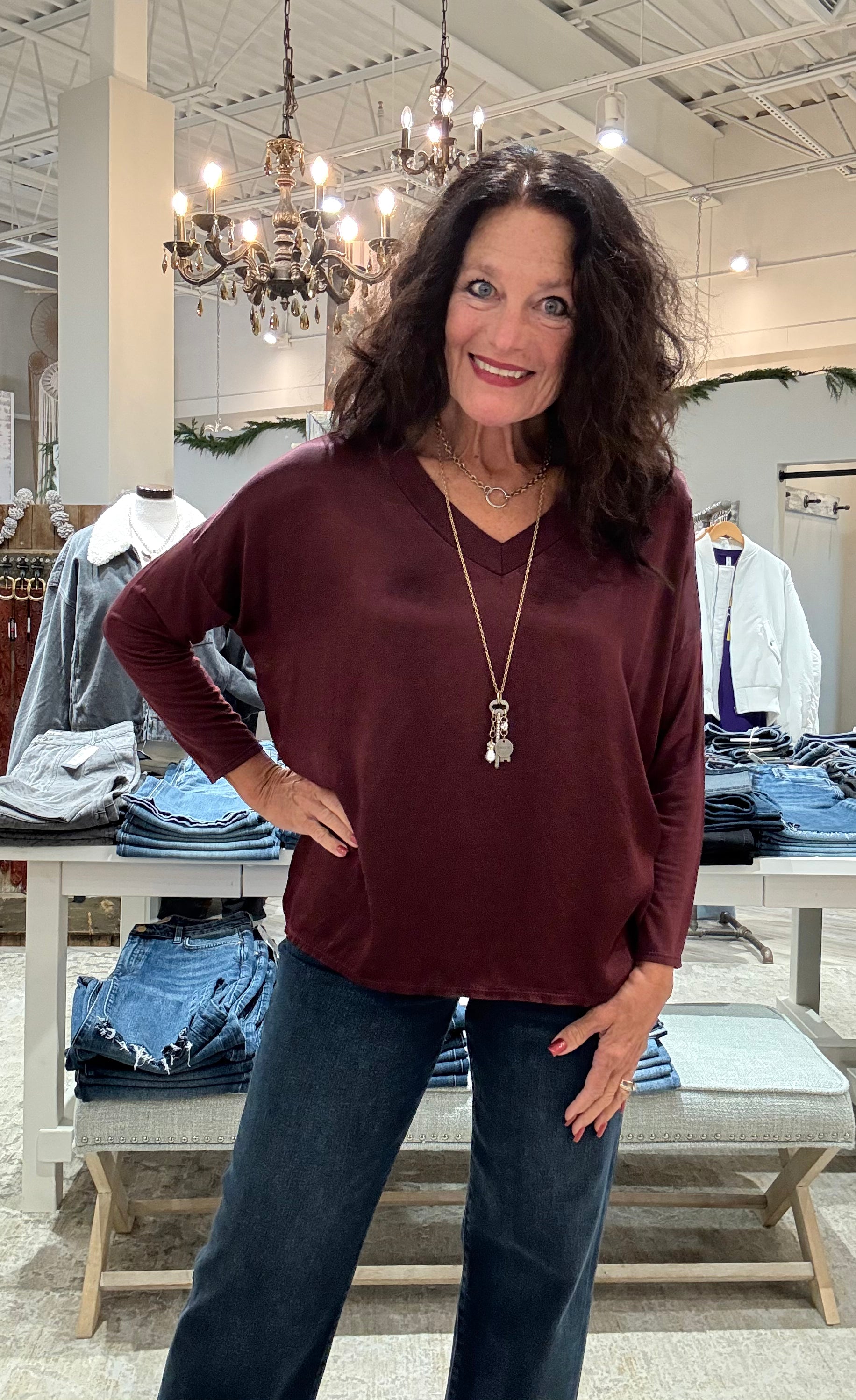 Long Sleeve V-Neck Silk Top