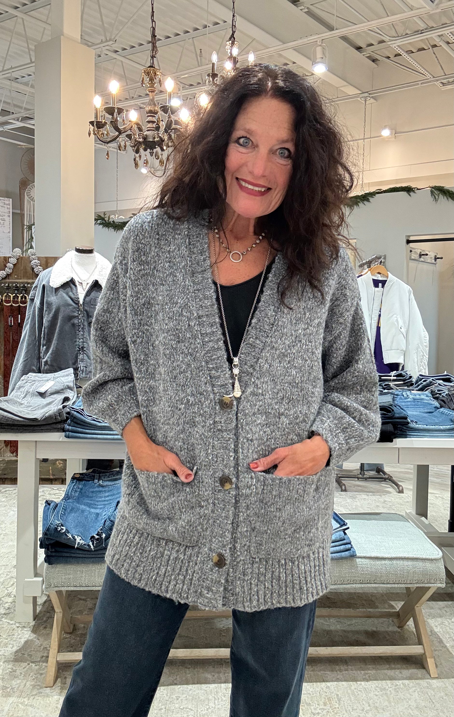 Oversize Puff Sleeve Sweater Cardigan- charcoal