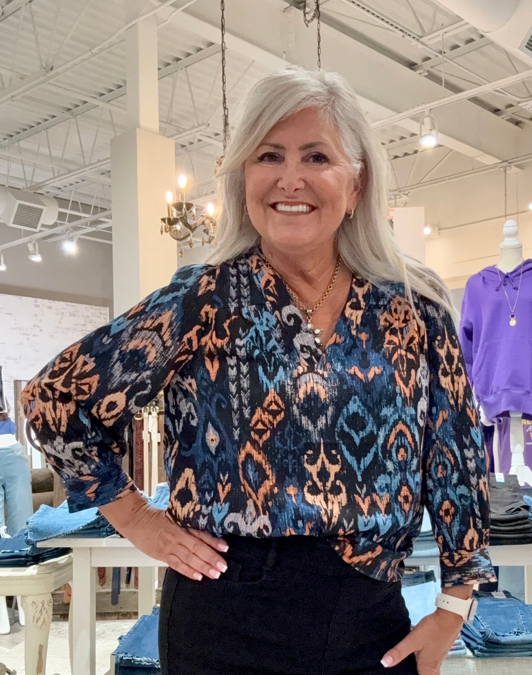 V-Neck 3/4 Sleeve Popover Woven Blouse