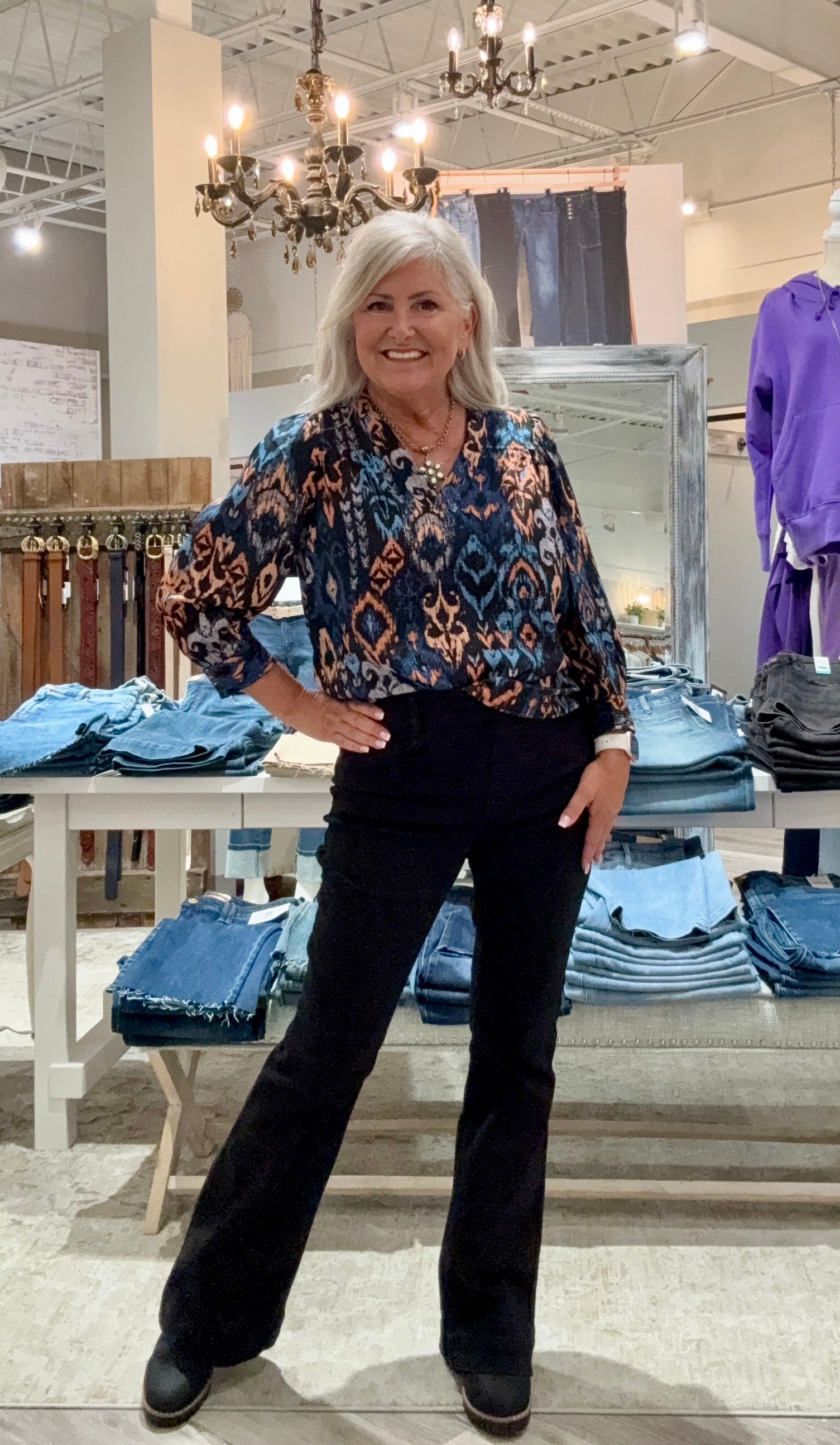 V-Neck 3/4 Sleeve Popover Woven Blouse
