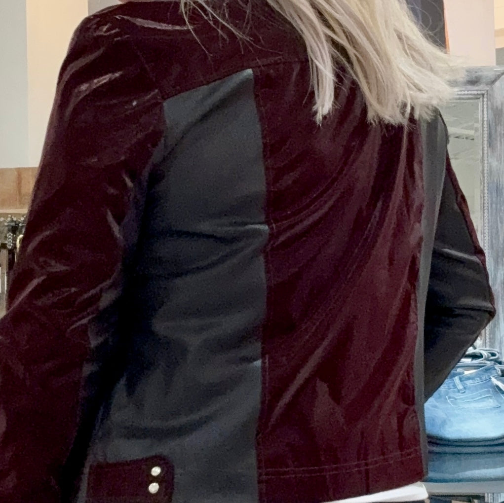 Wet Look Liquid Leather Mixed Media Jacket- mulberry