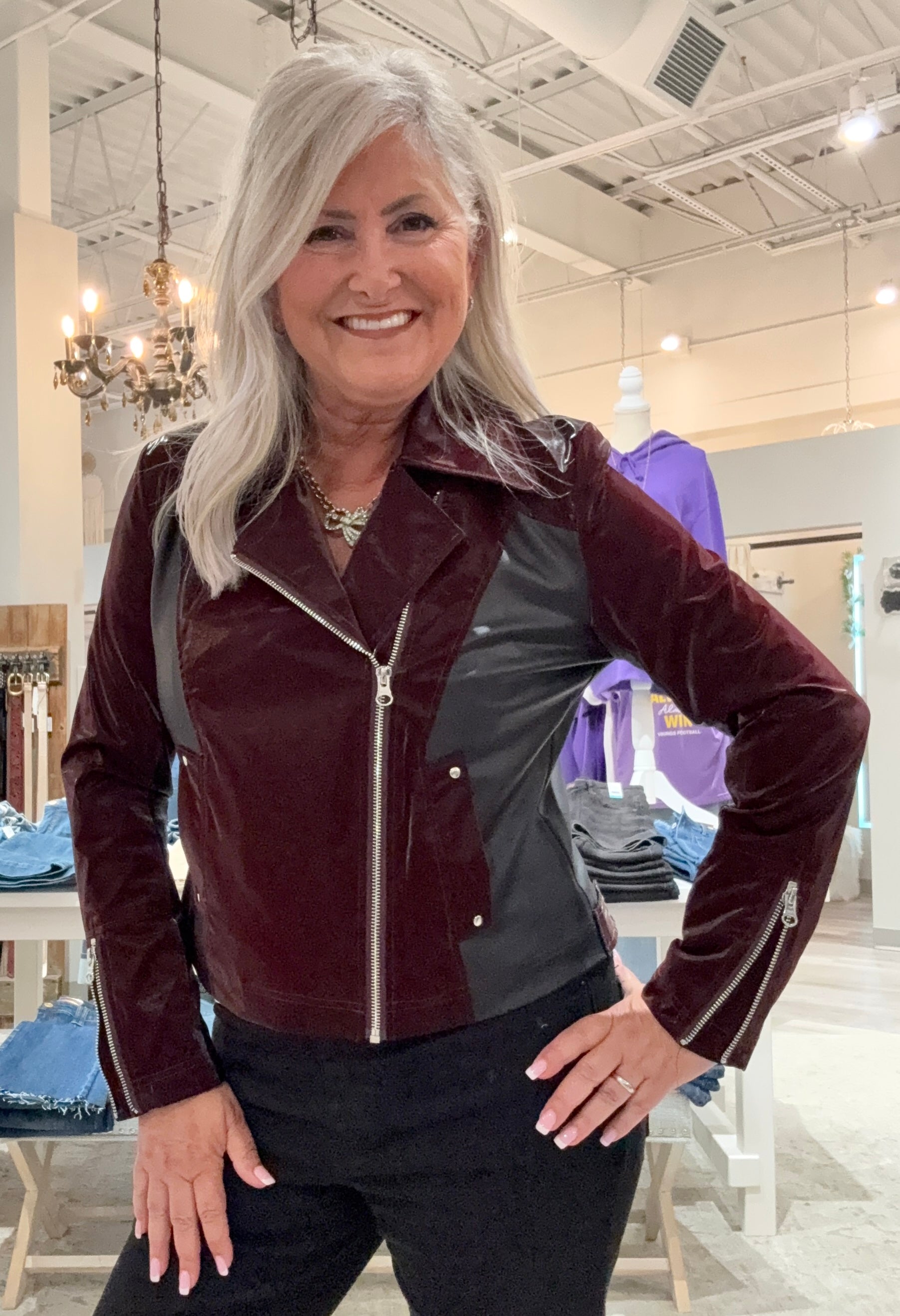 Wet Look Liquid Leather Mixed Media Jacket- mulberry