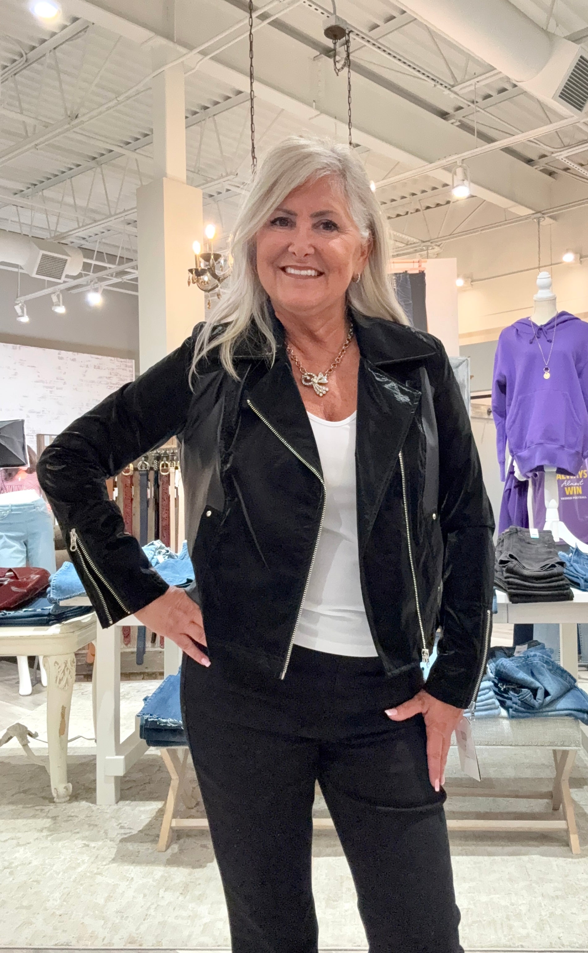 Wet Look Liquid Leather Mixed Media Jacket- black