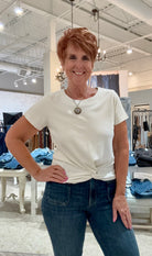 Avi Short Sleeve Crew Neck Top with Twist Hem- ecru
