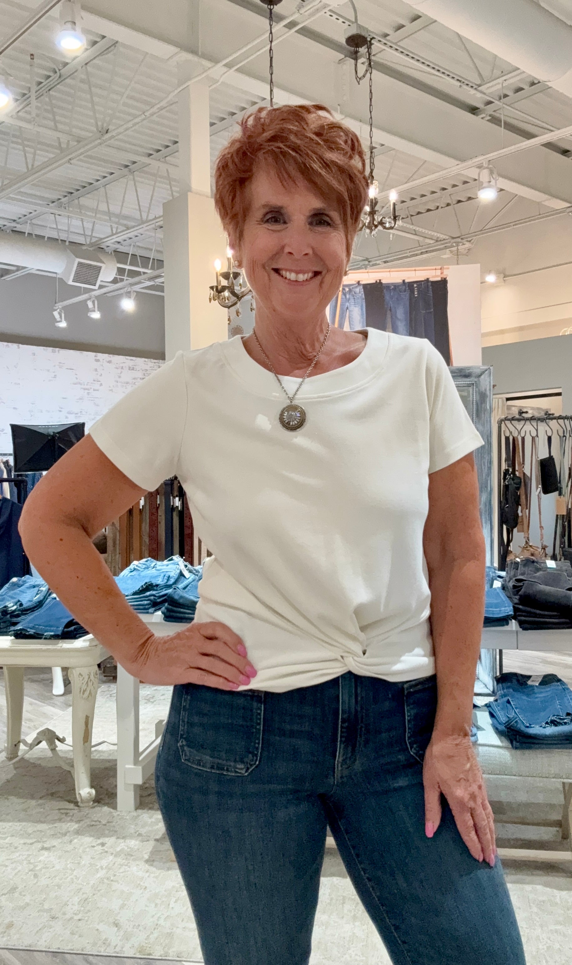 Avi Short Sleeve Crew Neck Top with Twist Hem- ecru