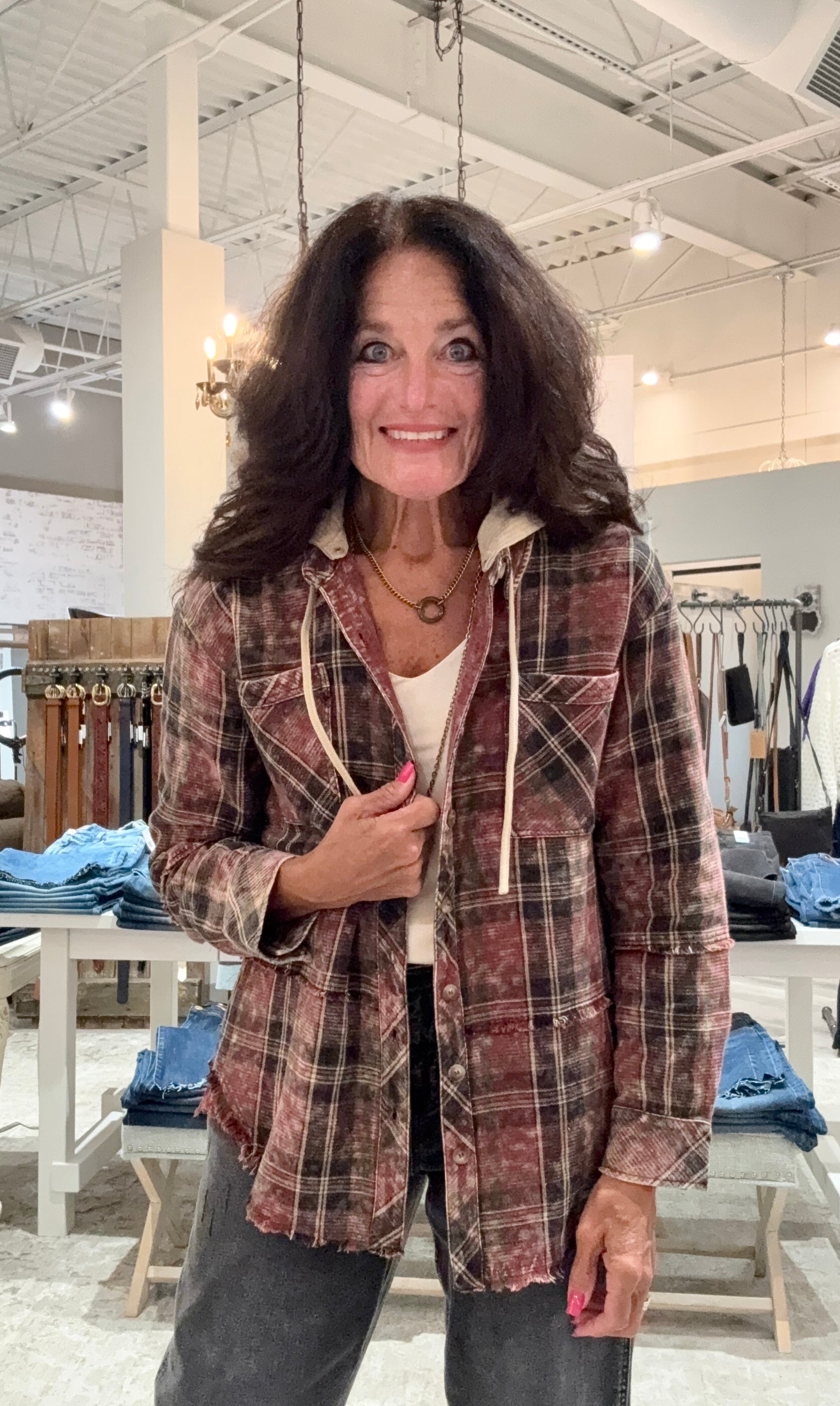 Washed Plaid Hoodie Jacket- merlot