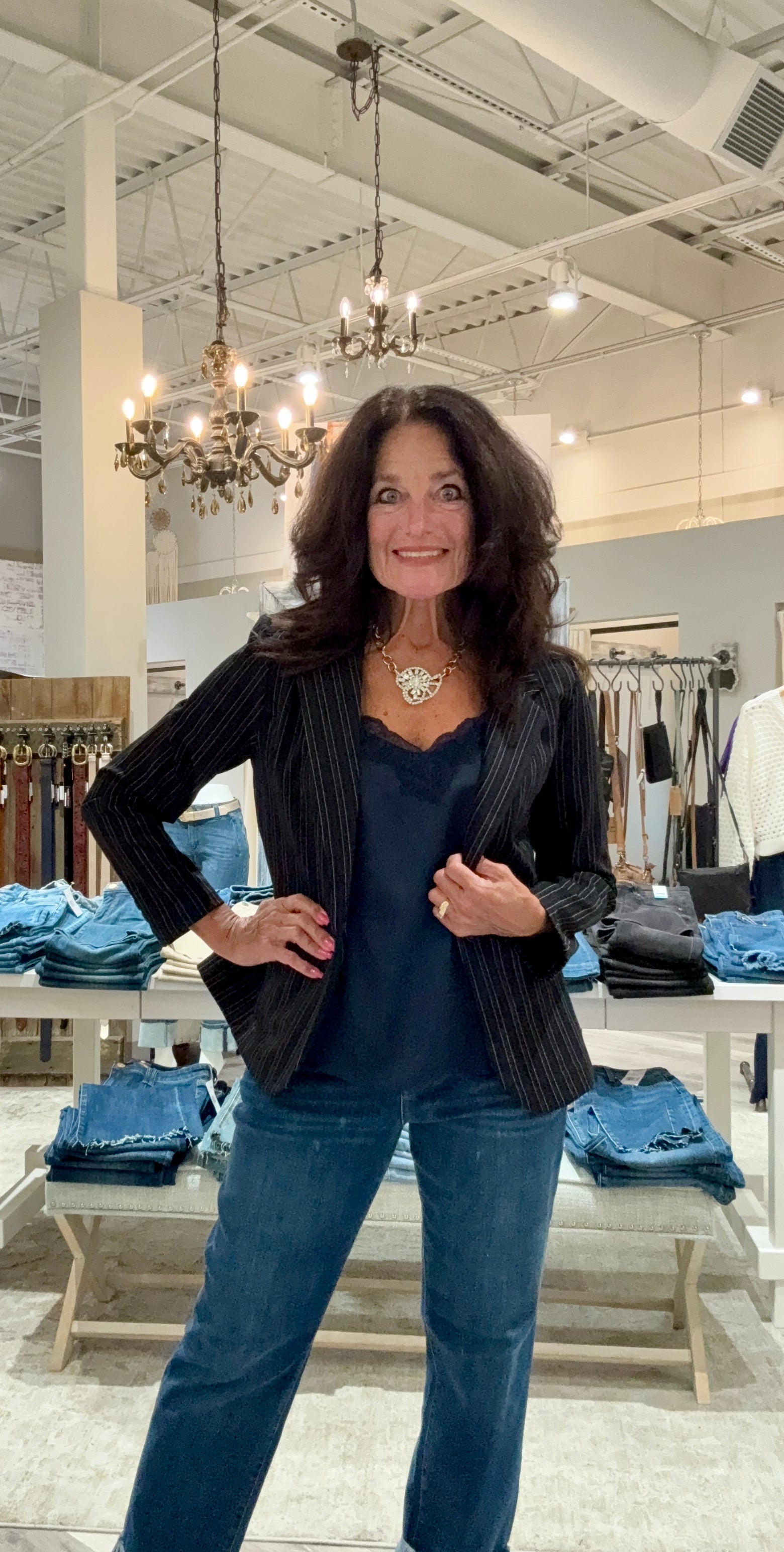 Woven Tank with Lace Trim- navy