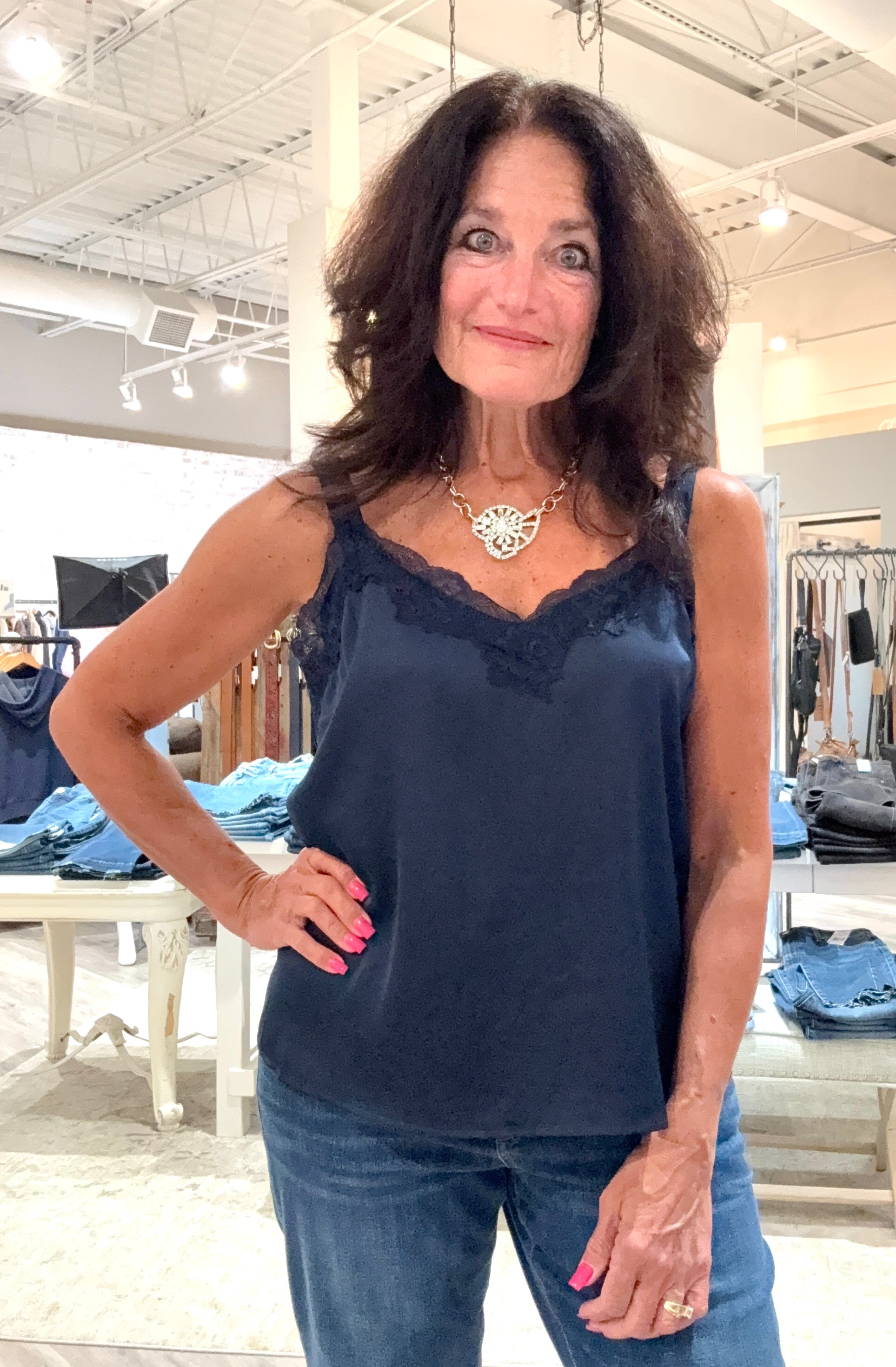 Woven Tank with Lace Trim- navy