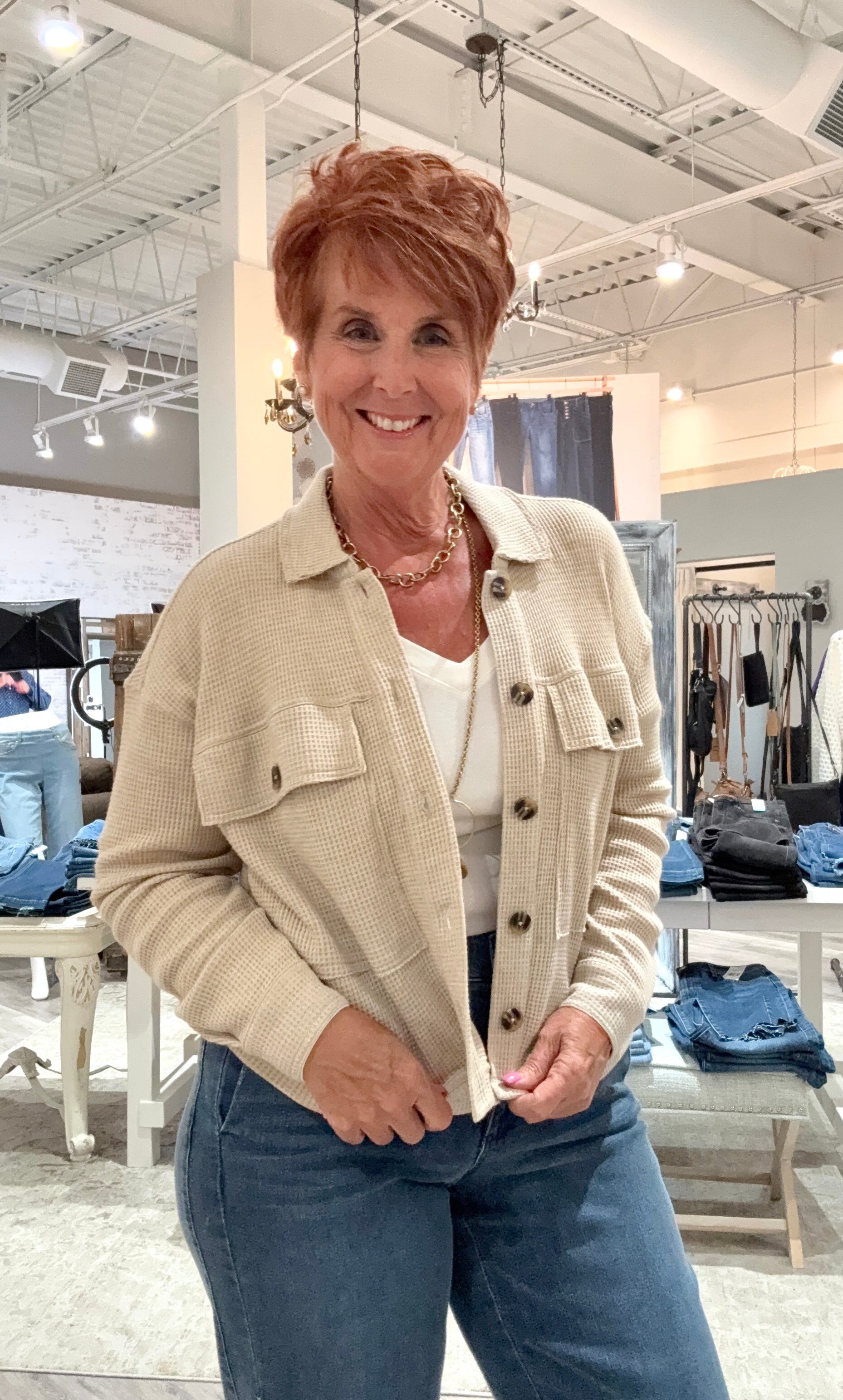 Crop Knit Shacket with Patch Pockets- oatmeal