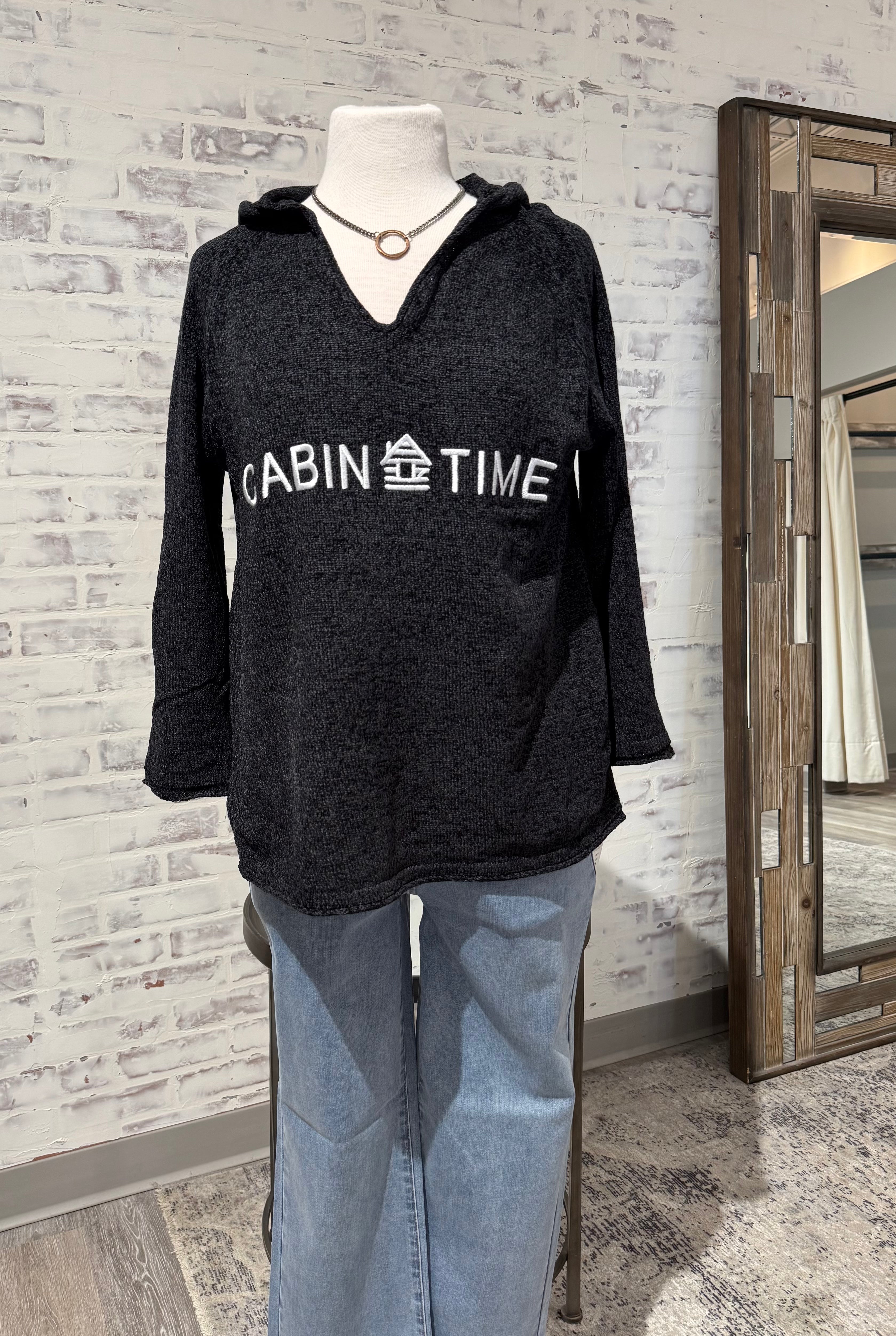 Hoodie Embroidered Sweater- Cabin Time- Black
