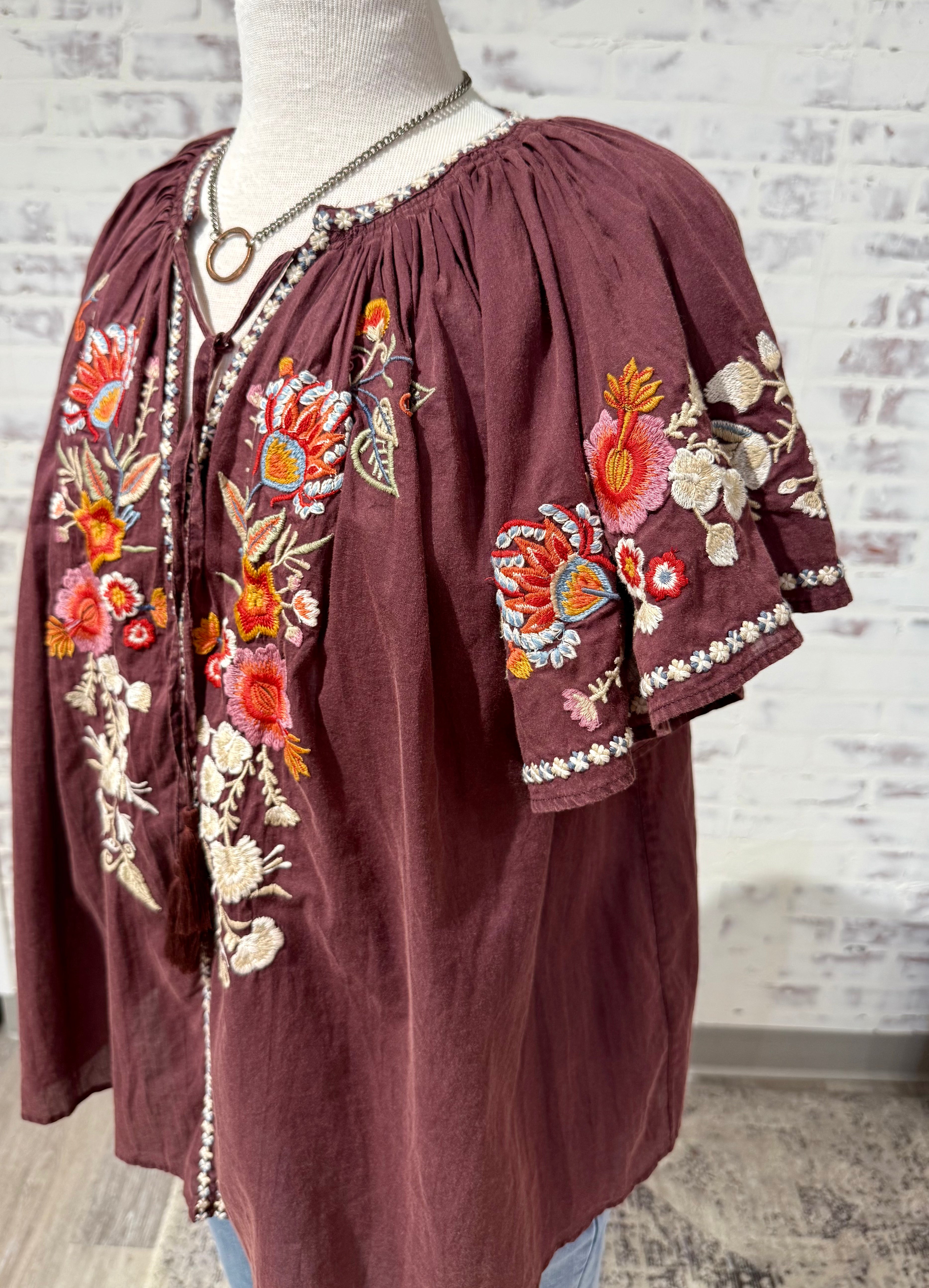 Caite & Kyla Oxblood Kiora Blouse- detail