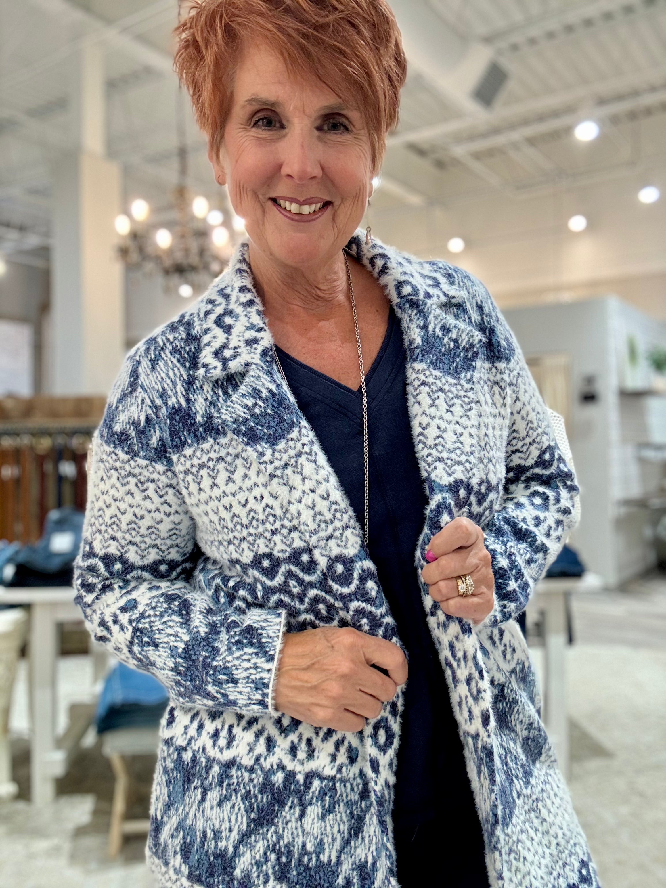 Long Sleeve V Neck Top with Flatlock- sapphire