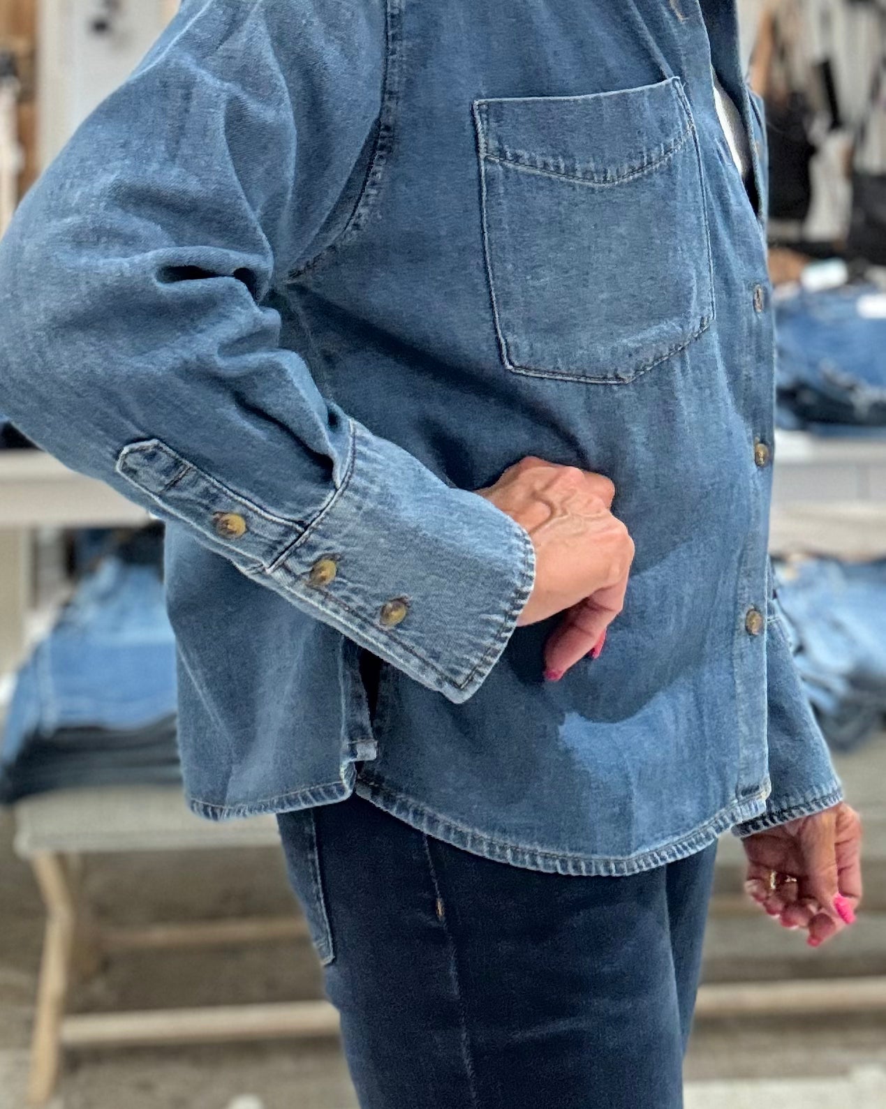 GERTIE Button Front Long Sleeve Top with Pockets