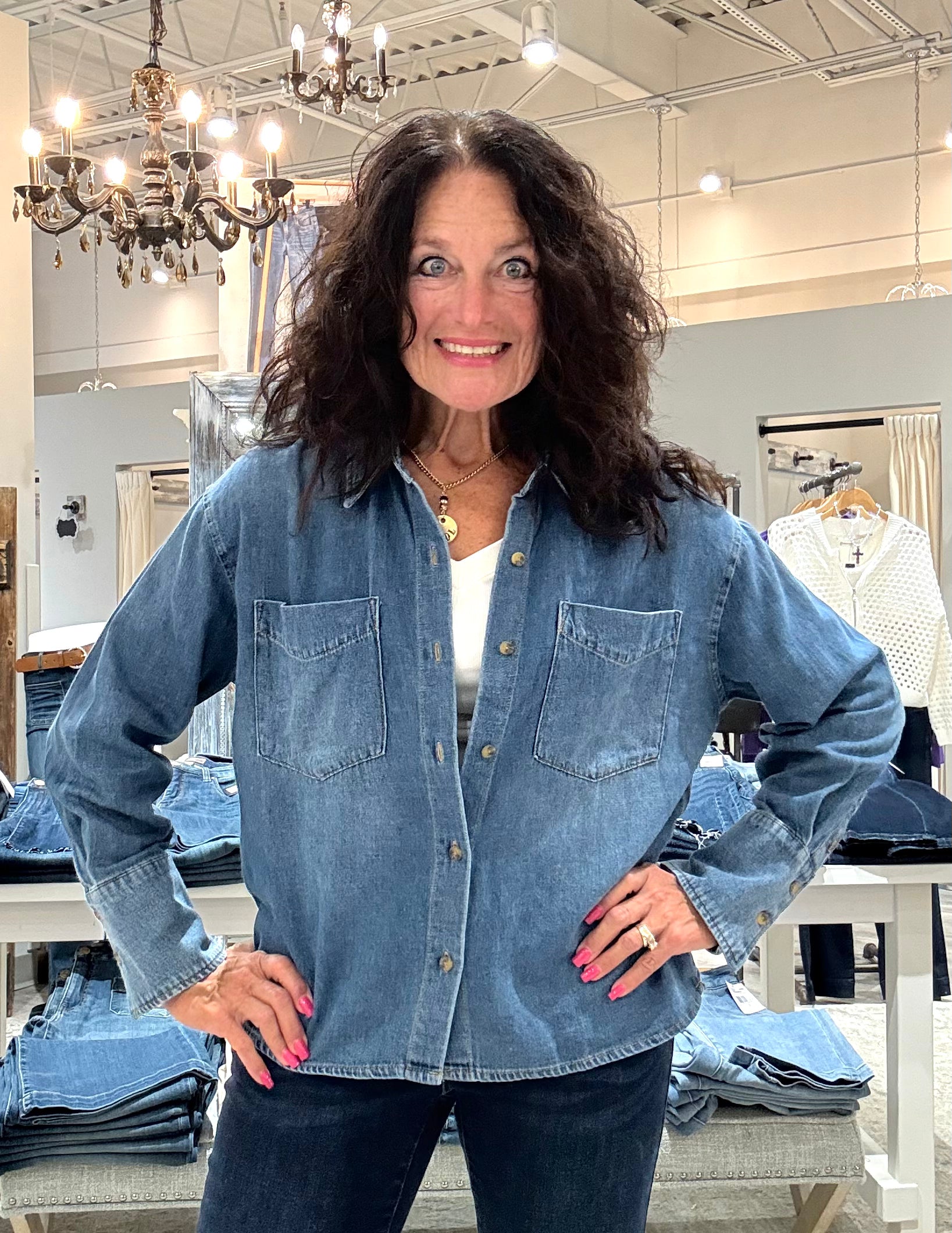 GERTIE Button Front Long Sleeve Top with Pockets