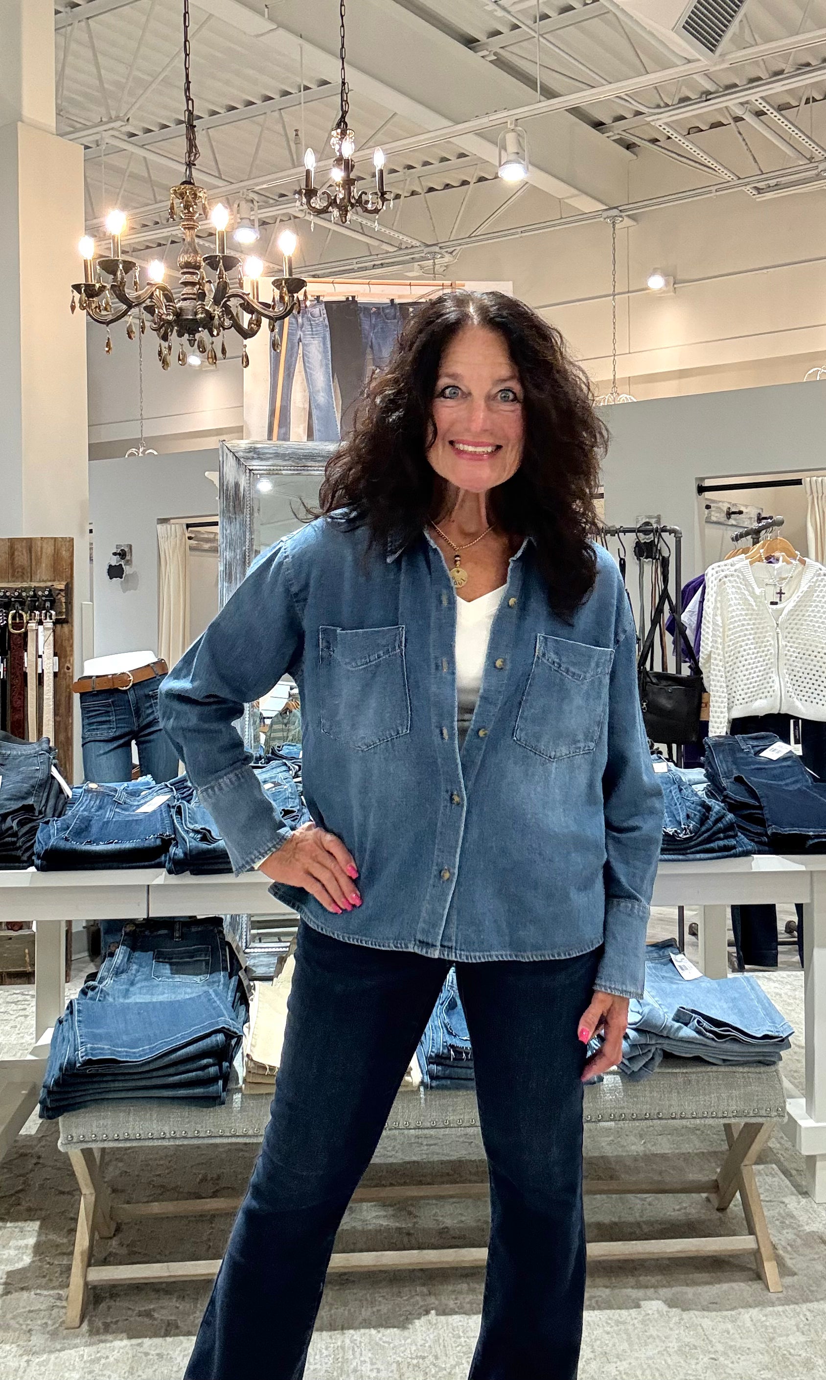 GERTIE Button Front Long Sleeve Top with Pockets