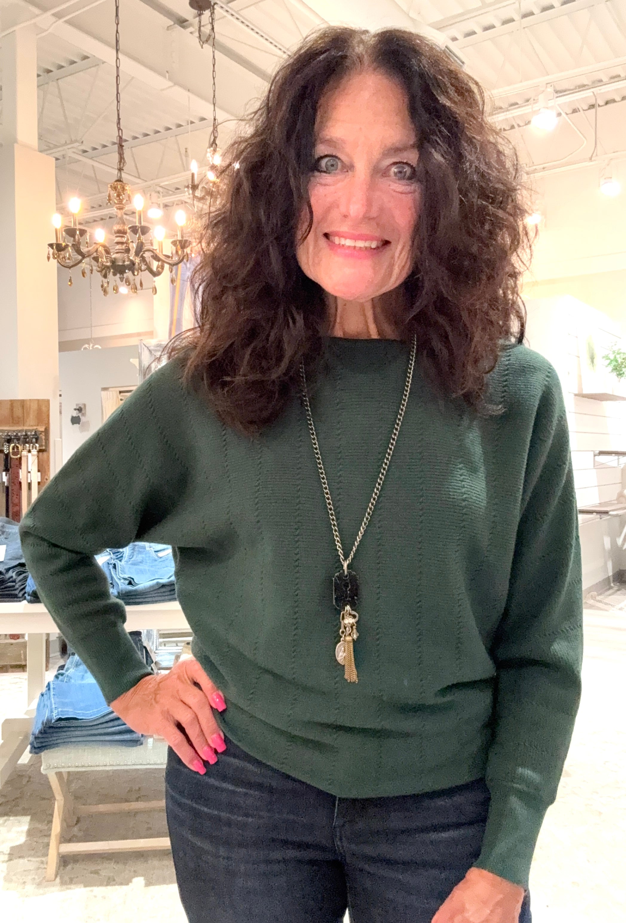 Vertically Textured Boat Neck Sweater- forest