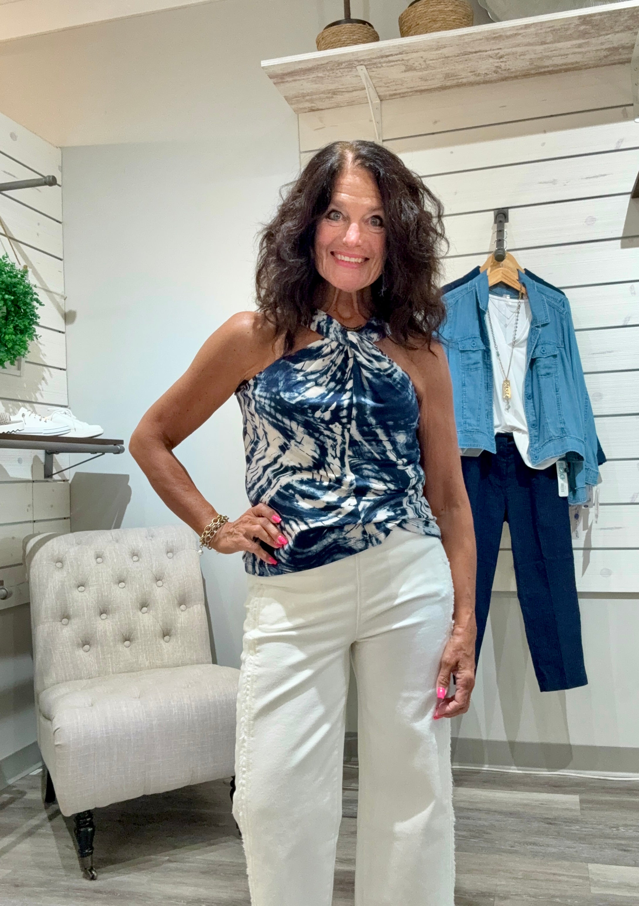 Swirl Print Grecian Neck Knit Top- Blue