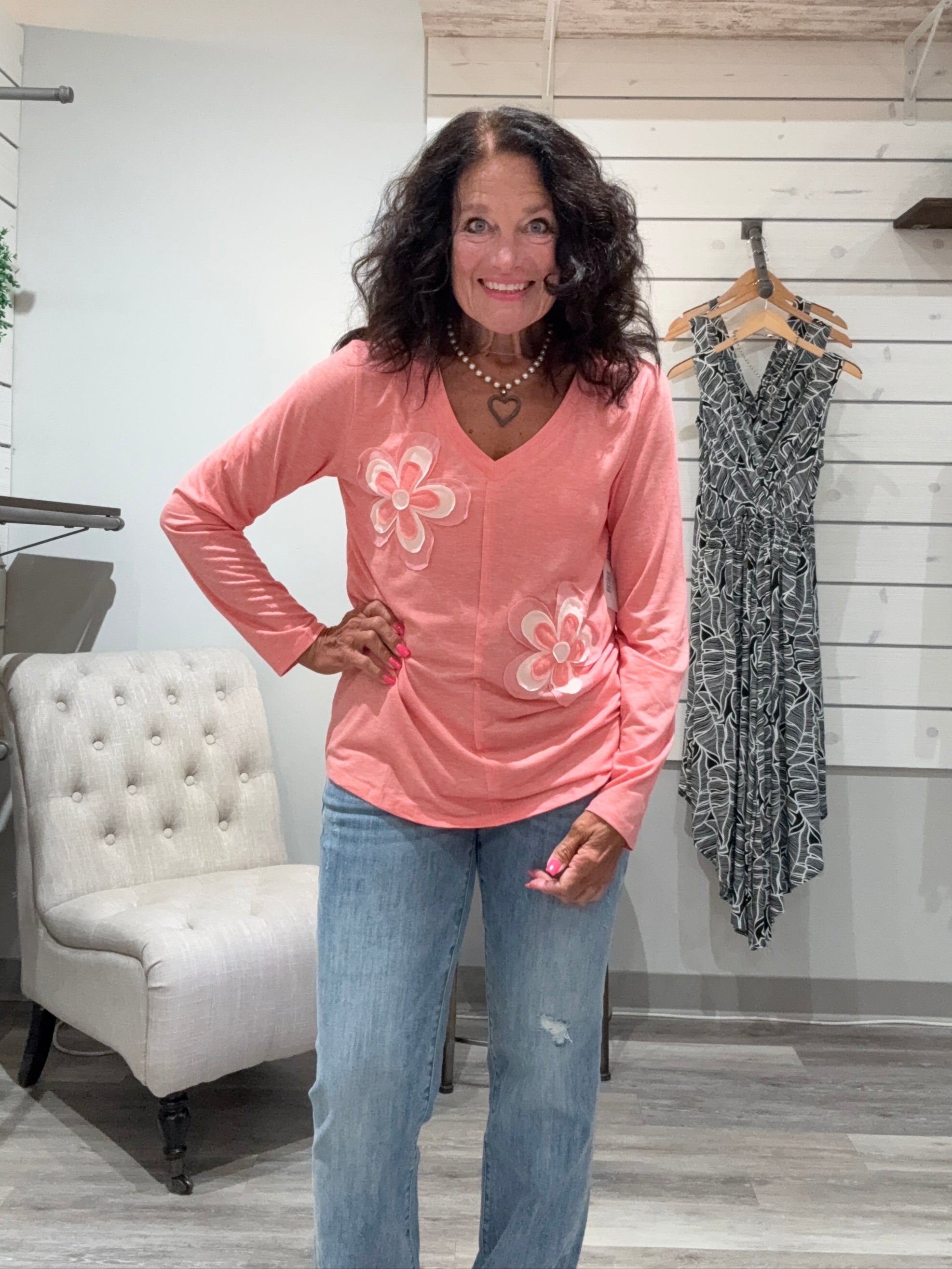 Floral Patchwork V-Neck Long Sleeve Tee