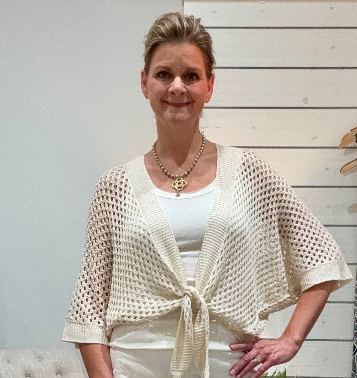 Eyelet Open Knit Metallic Cardigan w Front Tie- Beige