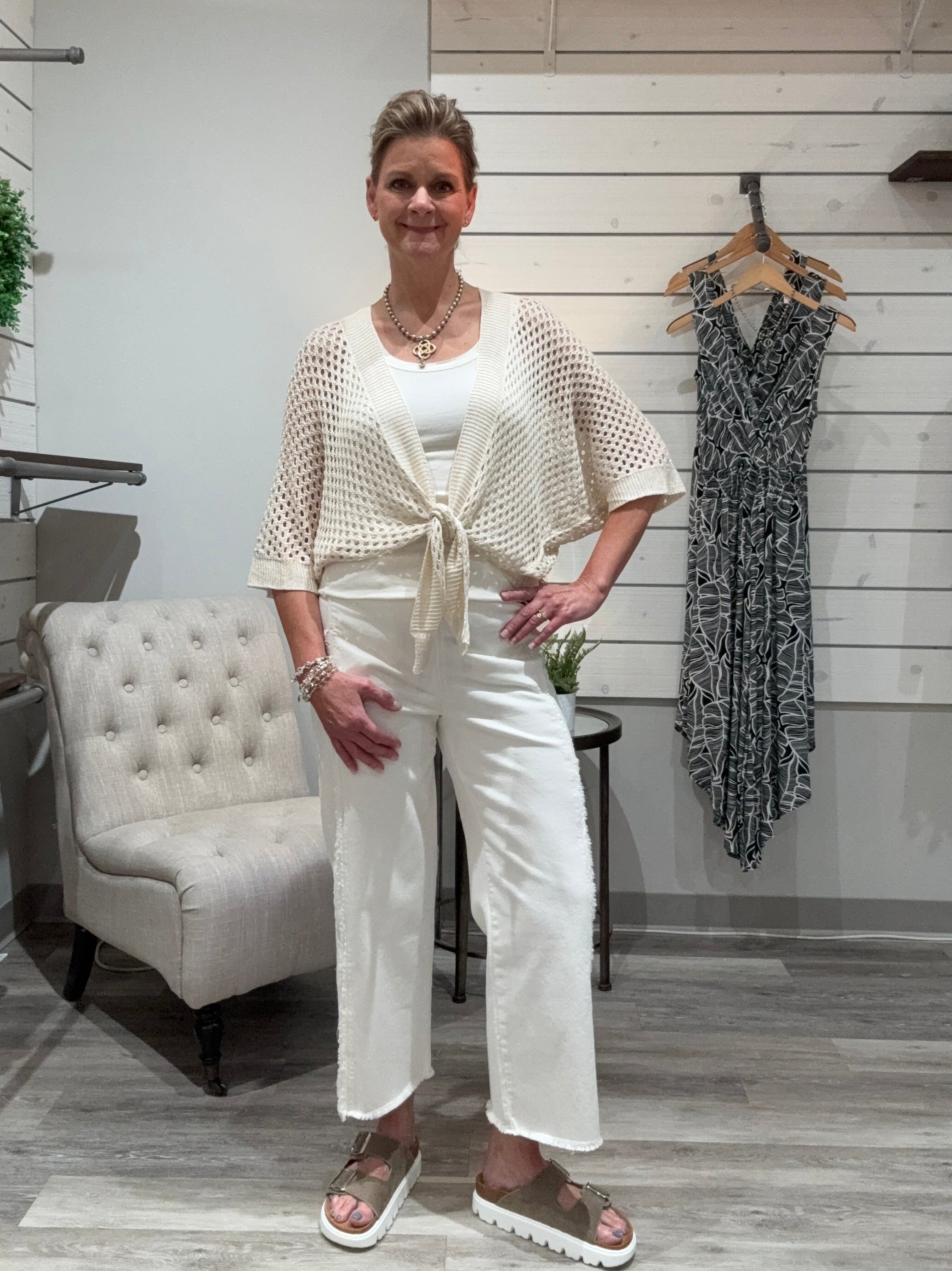 Noah High Waist Crop Wide Fringe Denim- Ecru