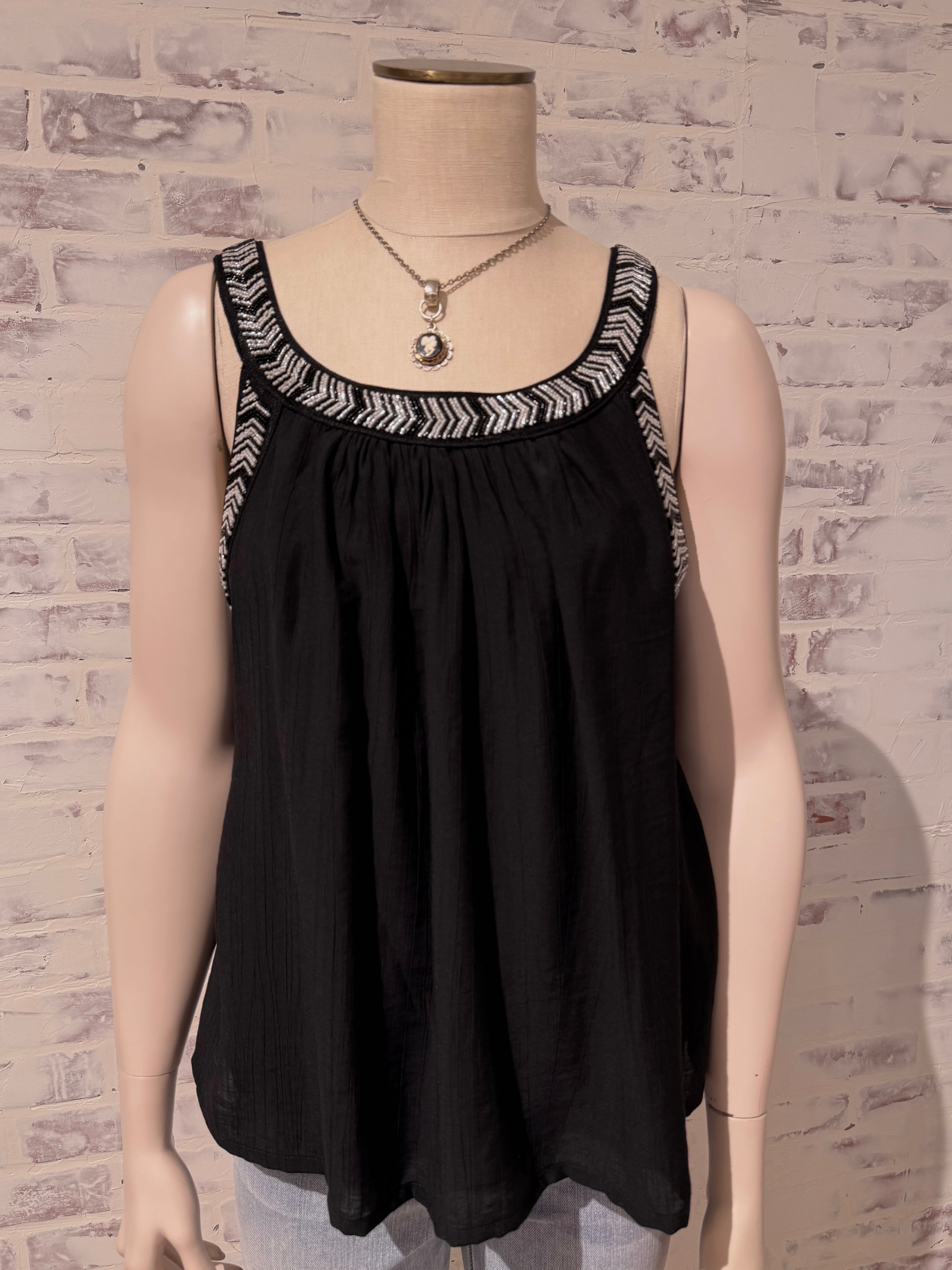 Sleeveless Woven Tank with Beading-Black