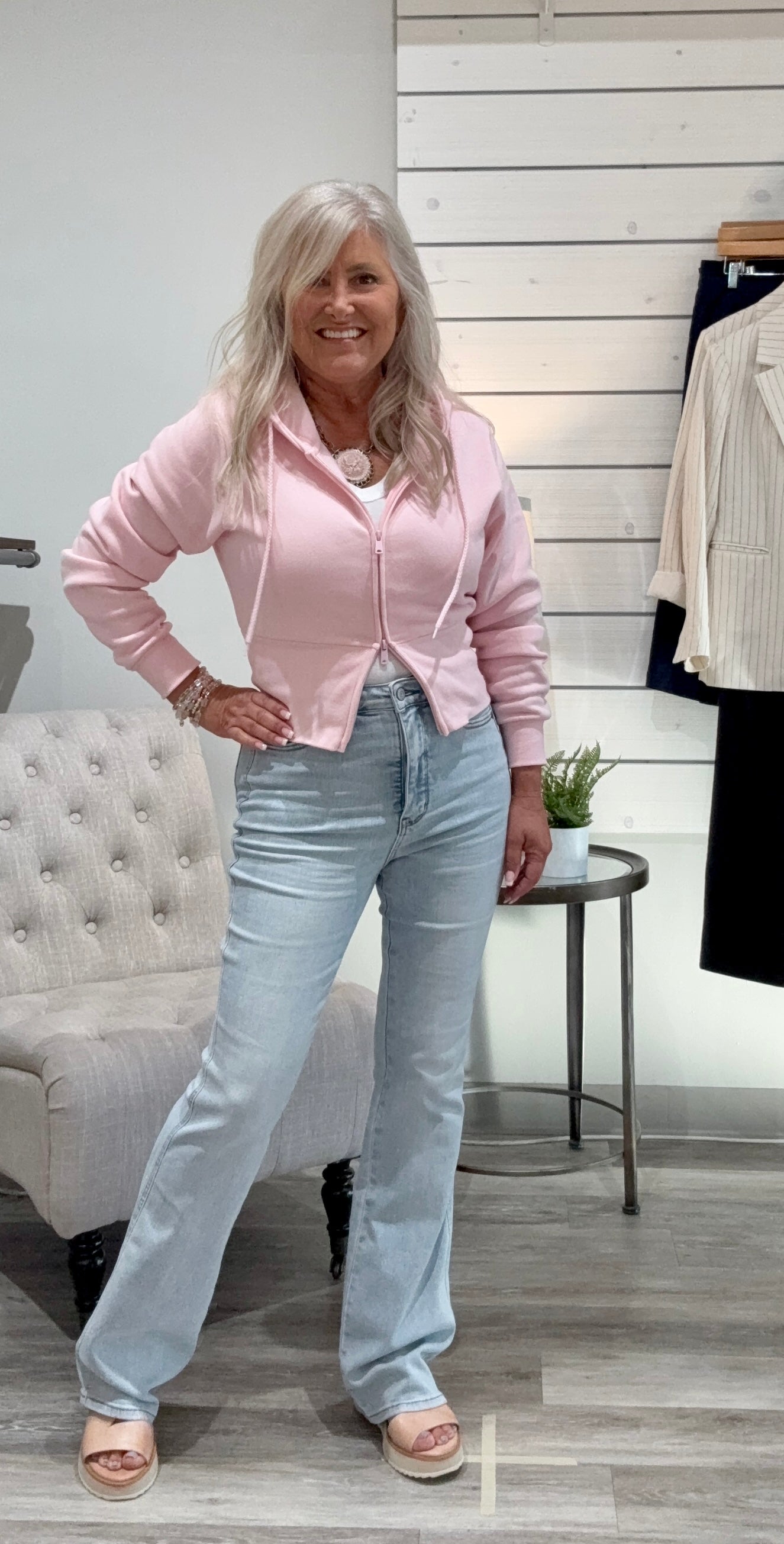 Fleece Relaxed Fit Cropped 2-Way Zip Up Hoodie- pink