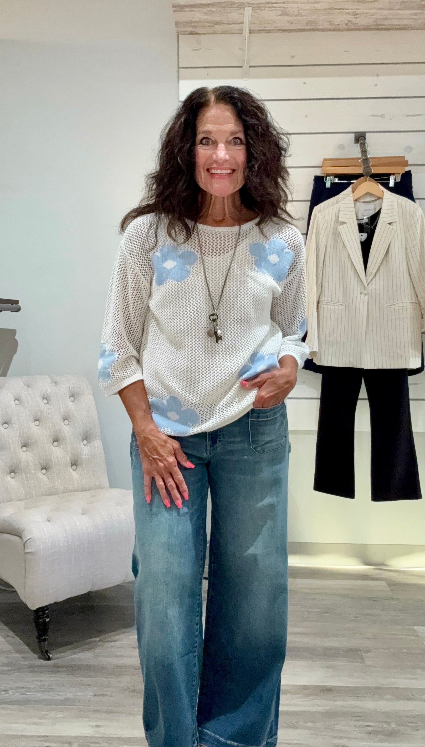 3/4 Sleeve Crochet Jacquard Sweater