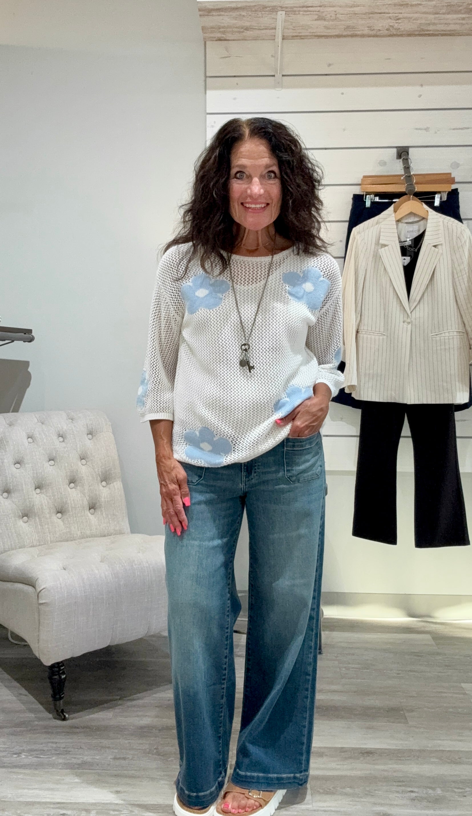 3/4 Sleeve Crochet Jacquard Sweater