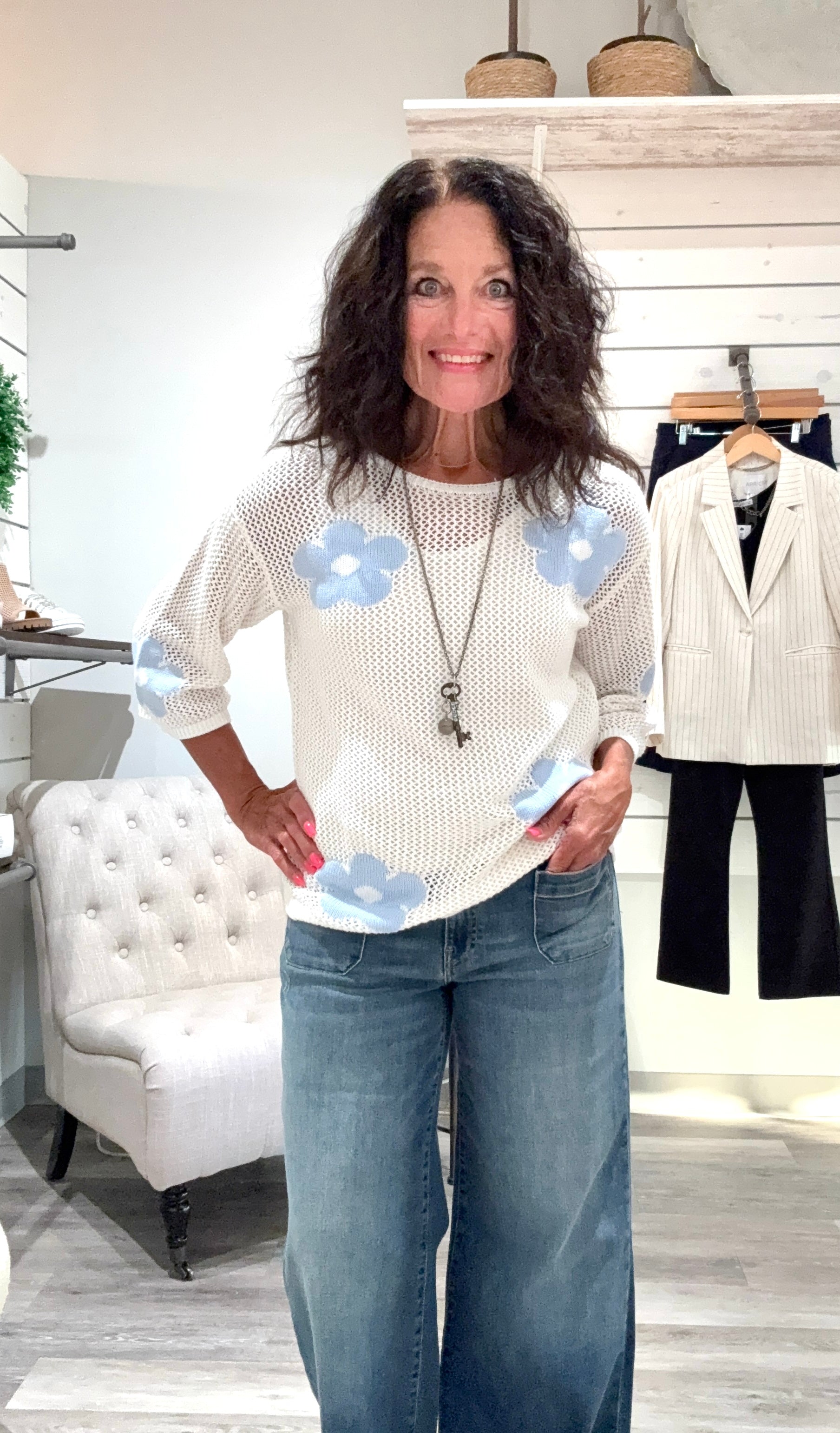 3/4 Sleeve Crochet Jacquard Sweater