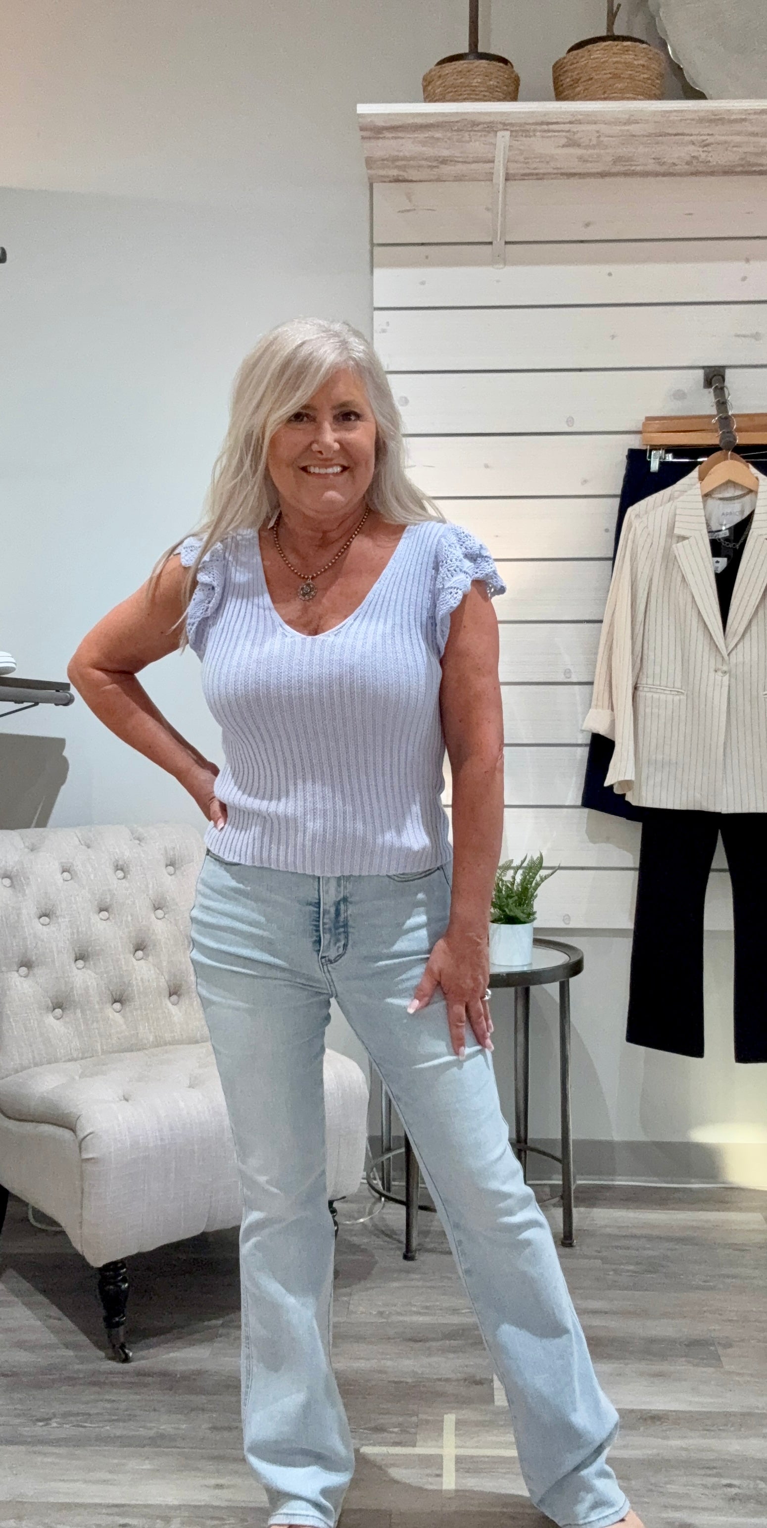 Flutter Crochet Sleeve Sweater- periwinkle