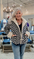 Chevron Bouclé Short Jacket With Sherpa Trim
