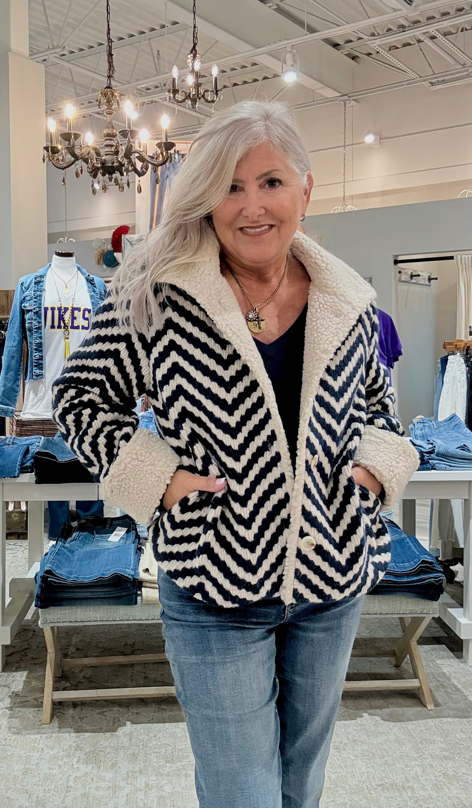 Chevron Bouclé Short Jacket With Sherpa Trim