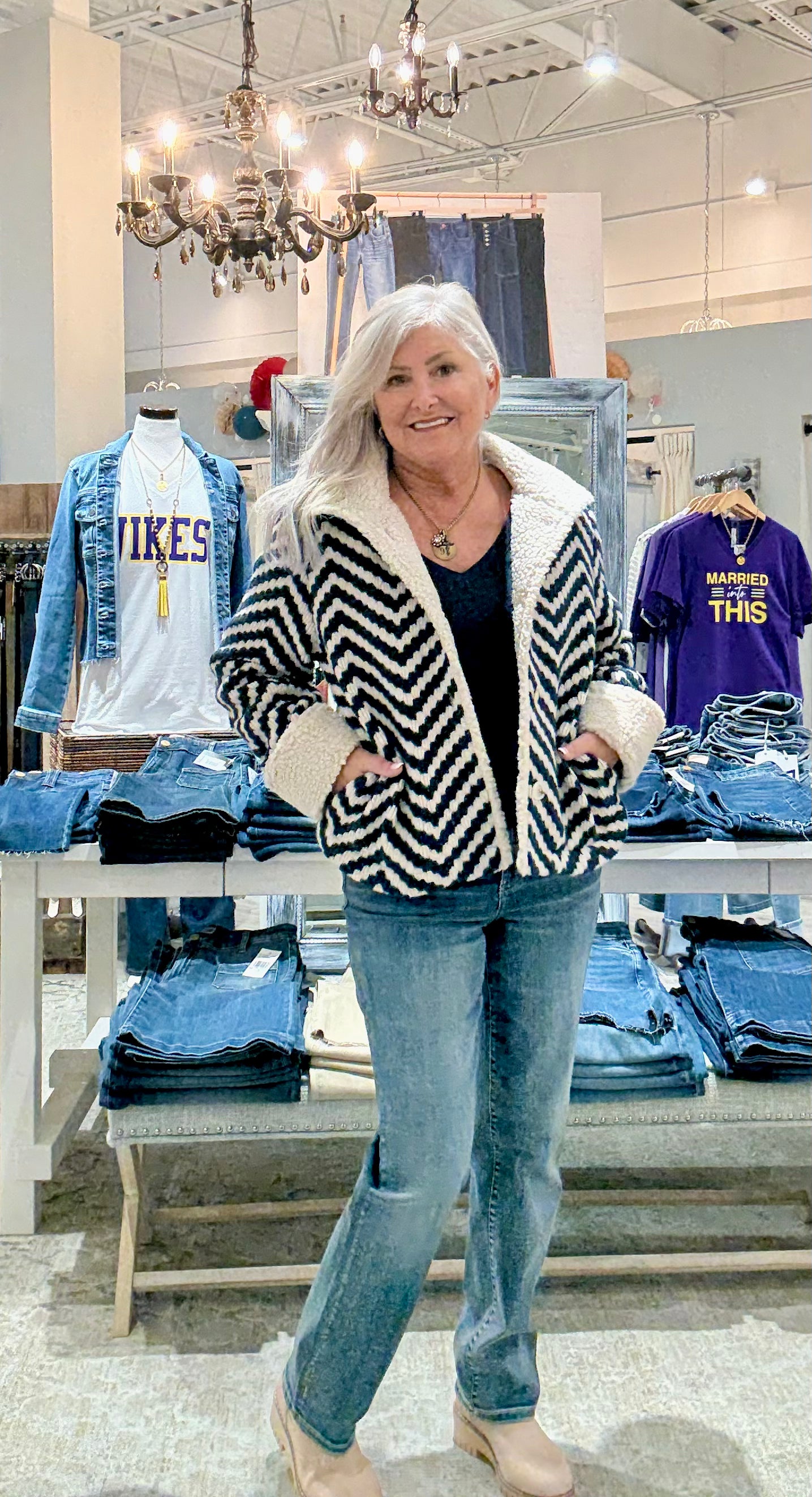 Chevron Bouclé Short Jacket With Sherpa Trim