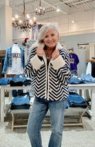 Chevron Bouclé Short Jacket With Sherpa Trim