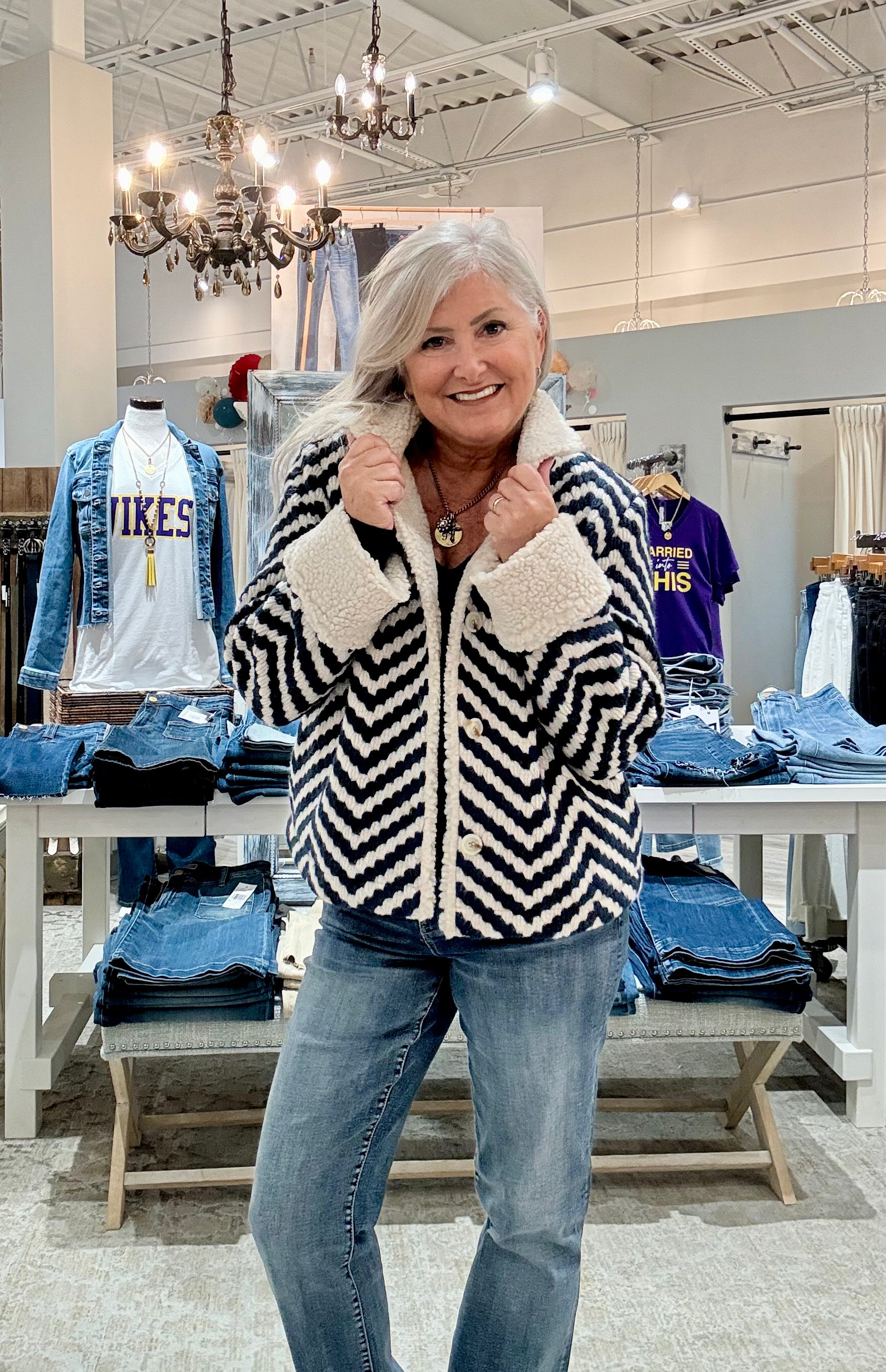 Chevron Bouclé Short Jacket With Sherpa Trim