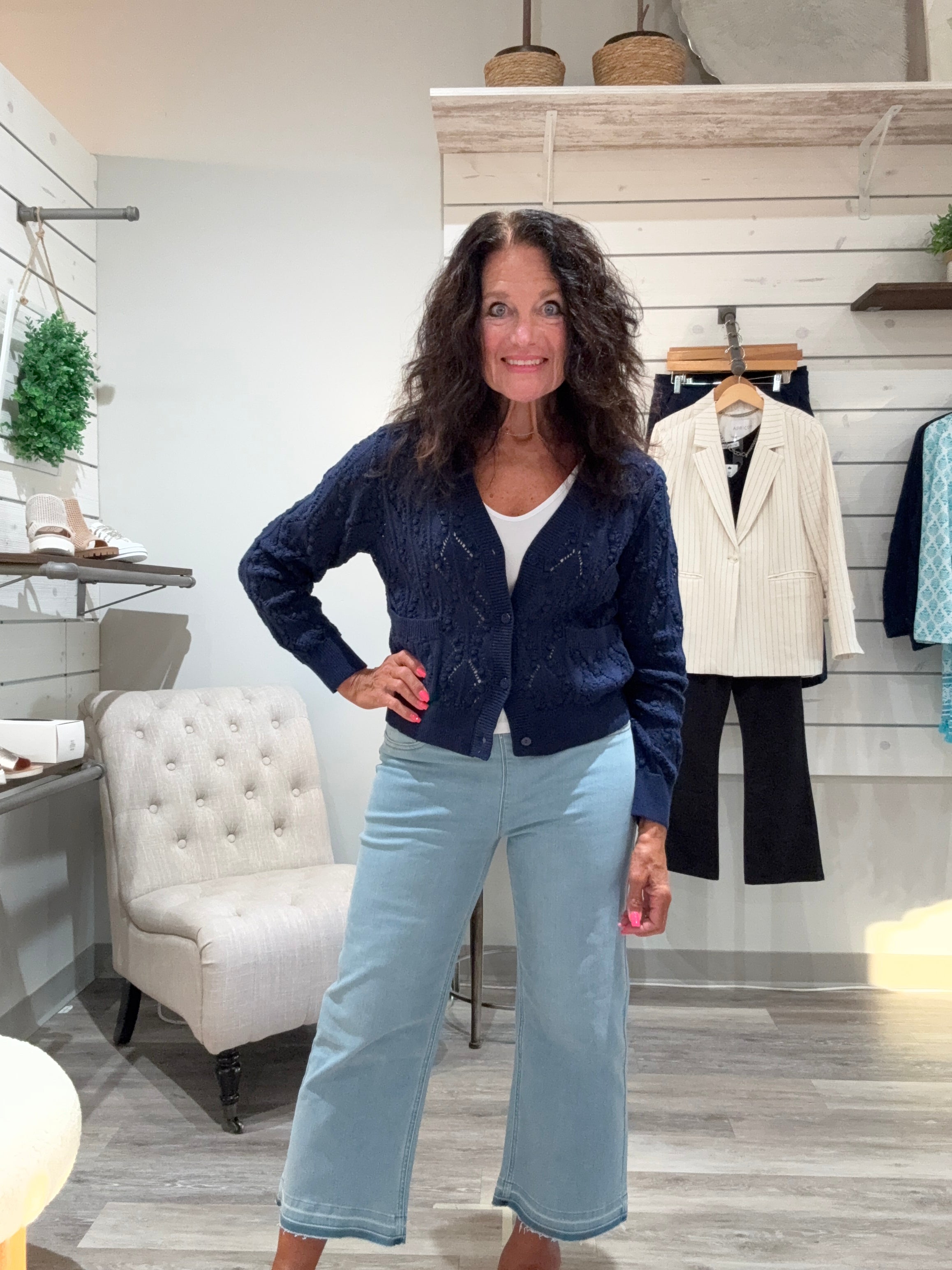 Pointelle Knit Cardi- navy