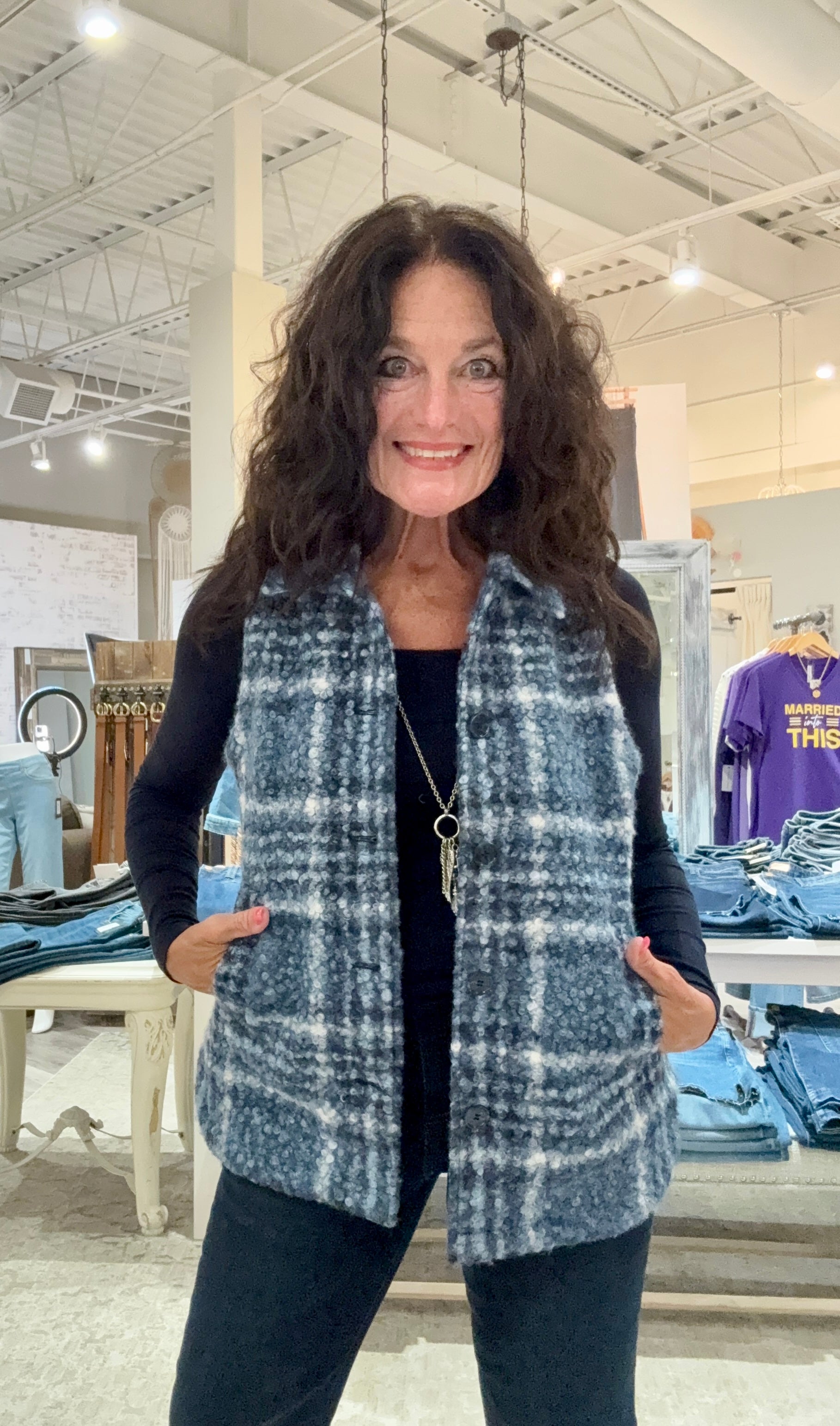 Plaid Boucle Knit Vest Jacket