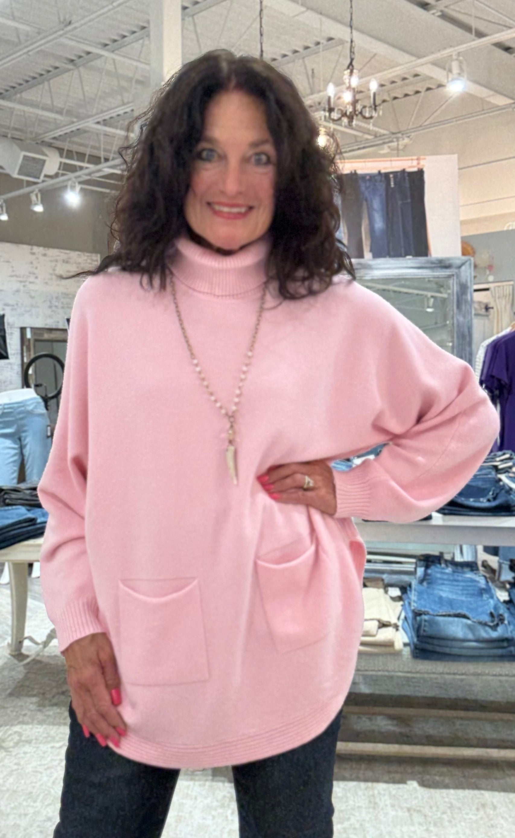 Oversized Dolman Sleeve Pullover Sweater with Cowl Neck- pink