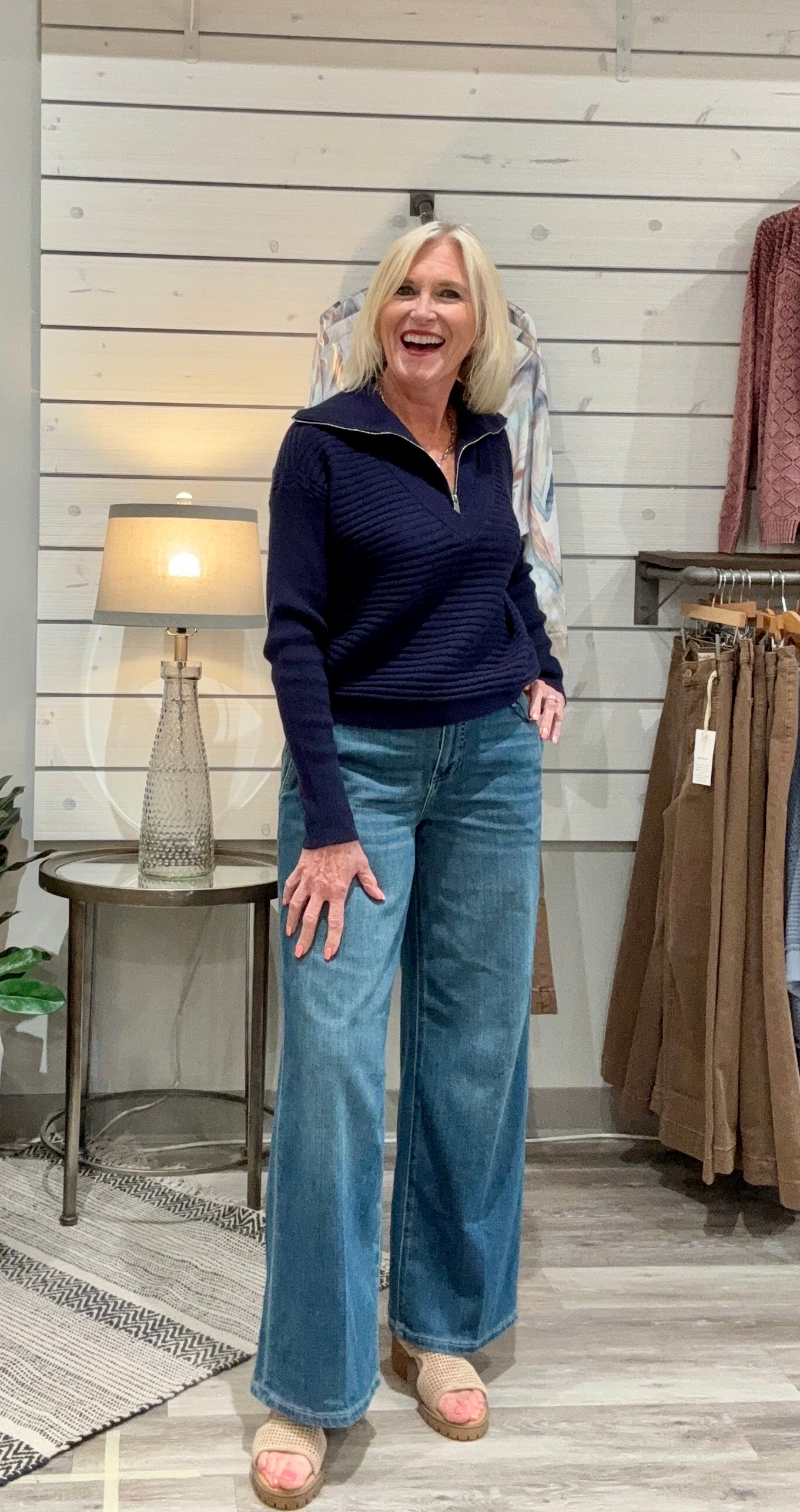 Zip Up V-Neck Sweater- nightfall