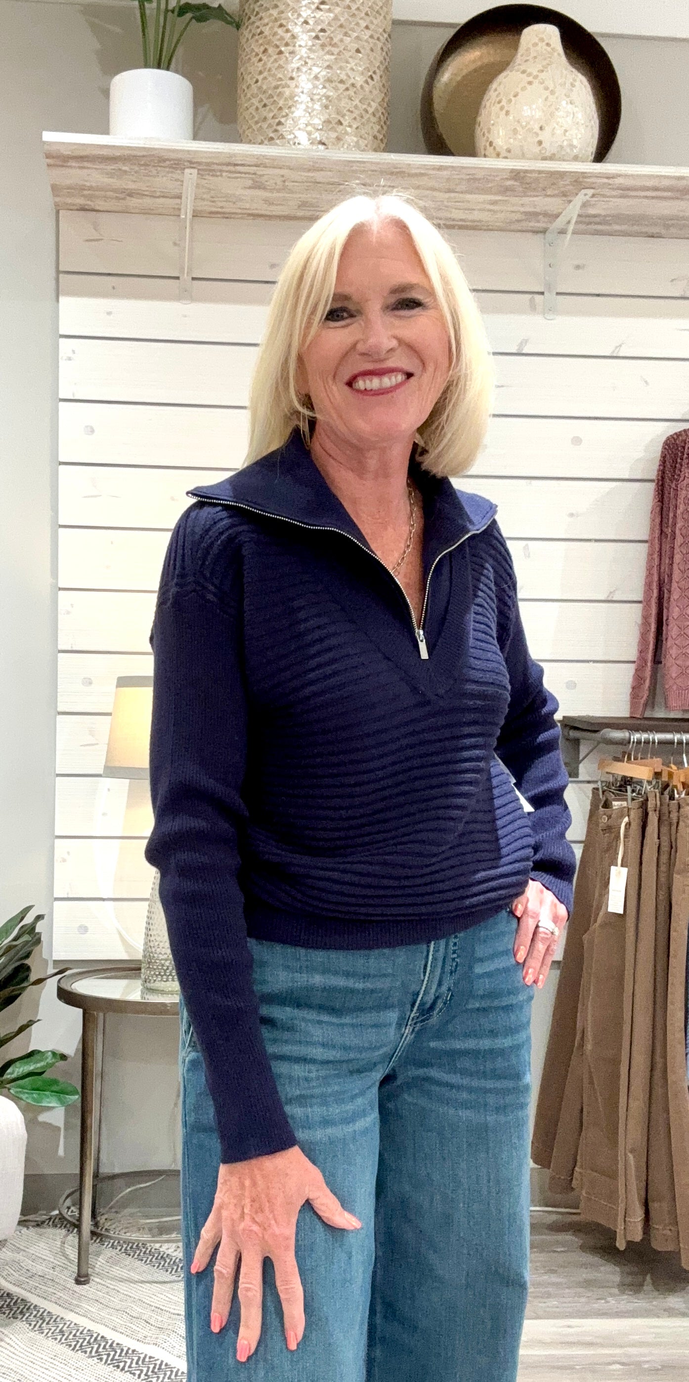 Zip Up V-Neck Sweater- nightfall