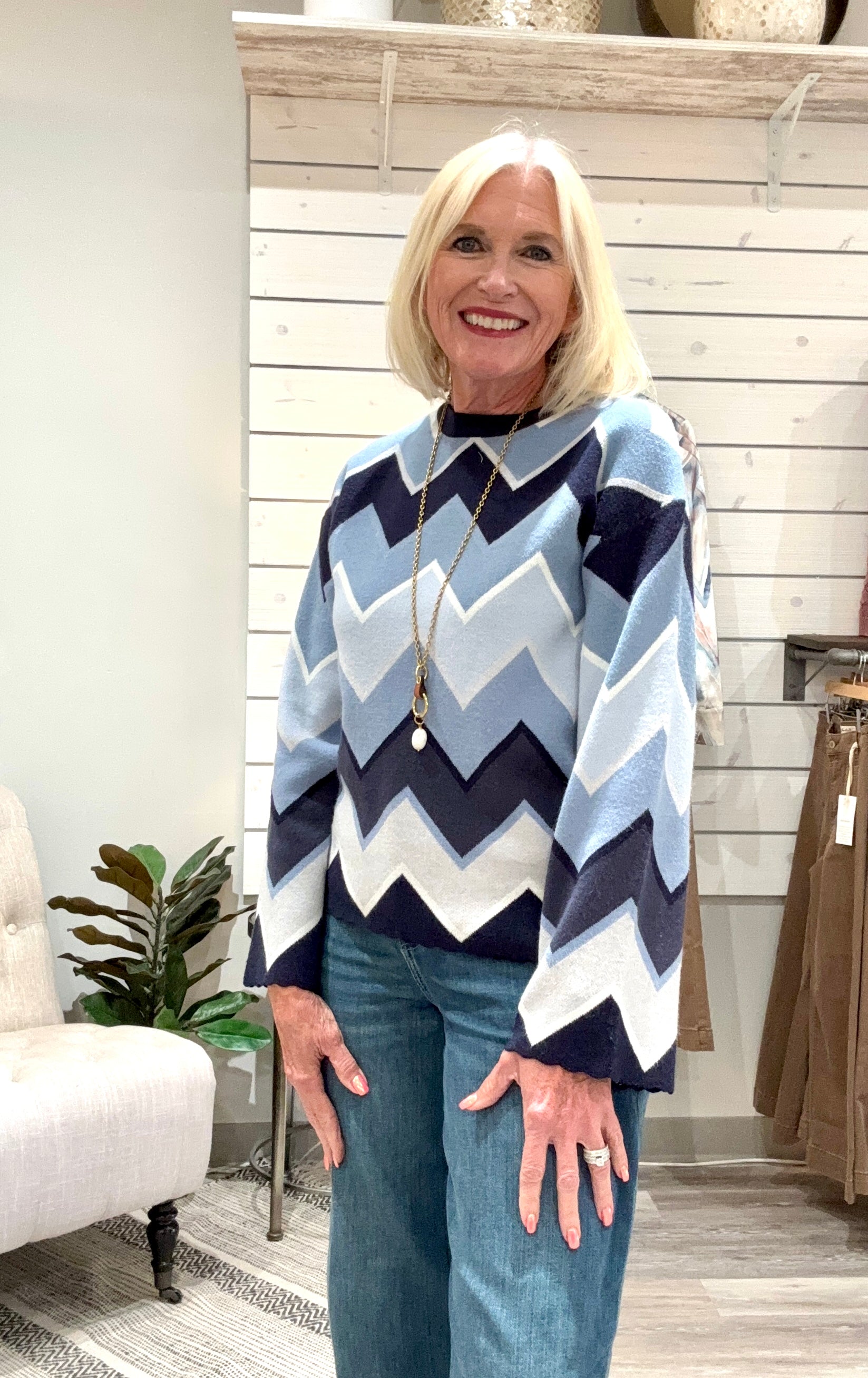 Chevron Pattern Jacquard Bell Sleeve Sweater