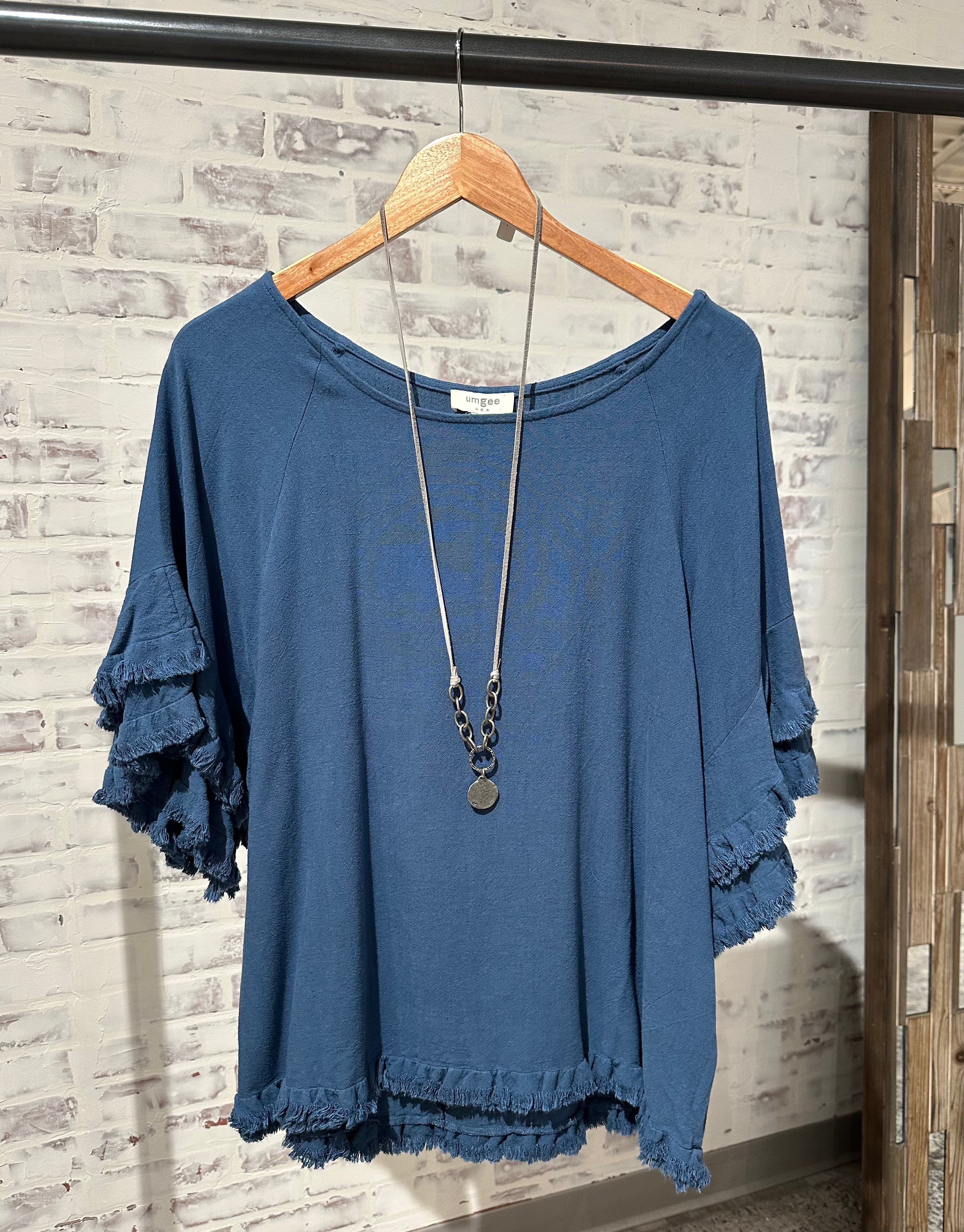 Layered Ruffle s/s frayed hem Umgee- Slate Blue