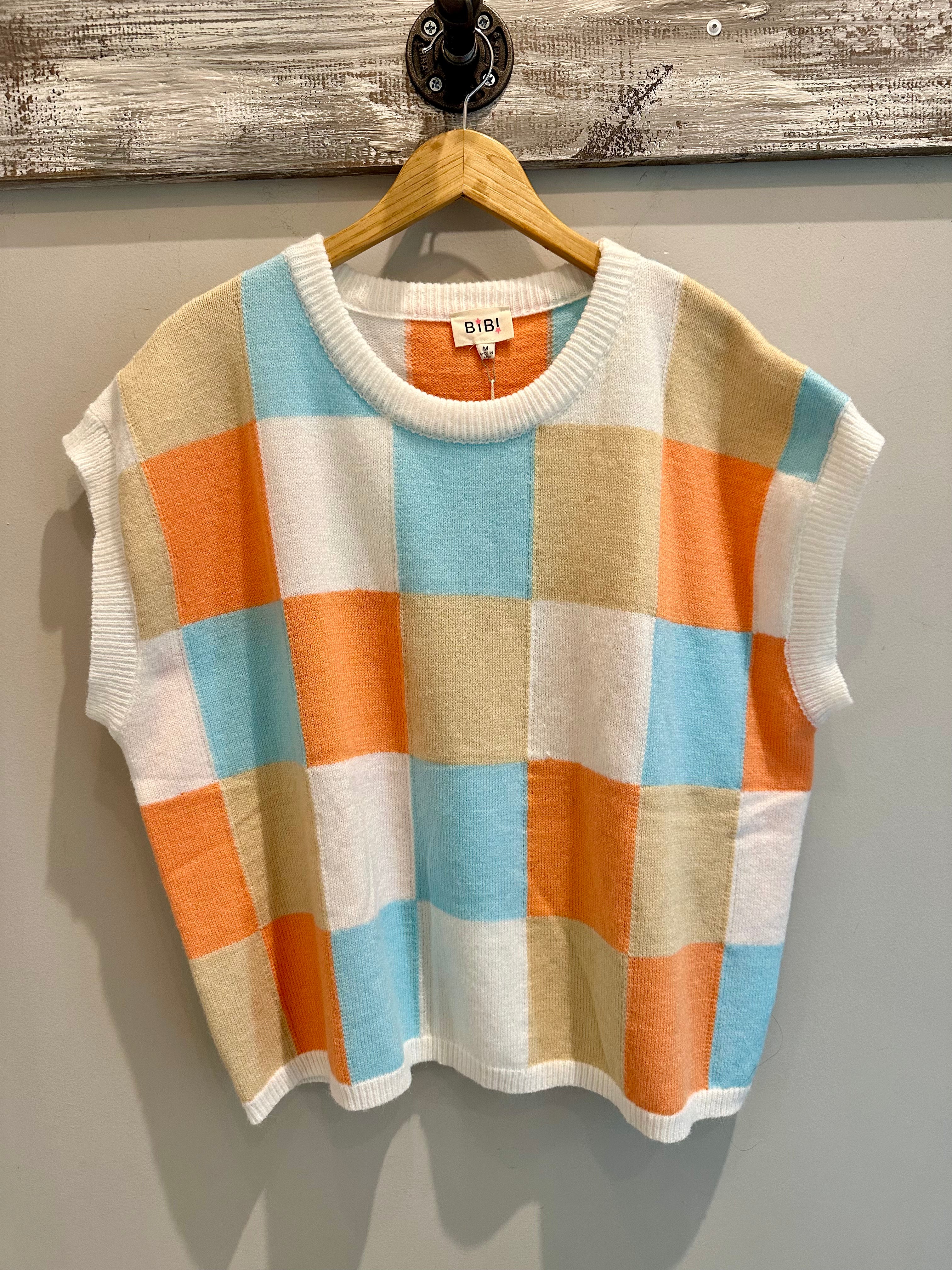 Checker Sweater Vest- Denim/Peach