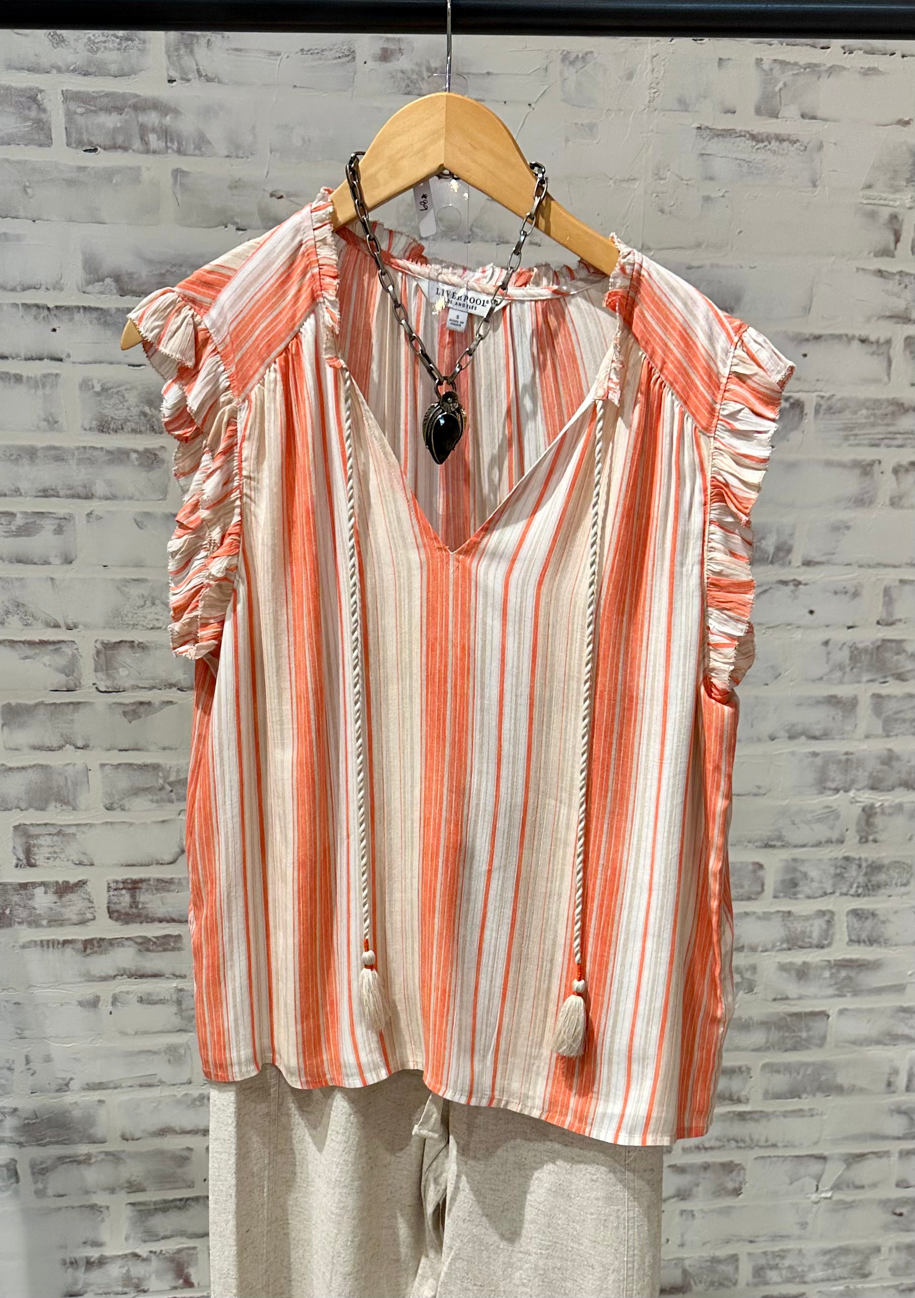 Woven Top with Ties & Ruffle Sleeves