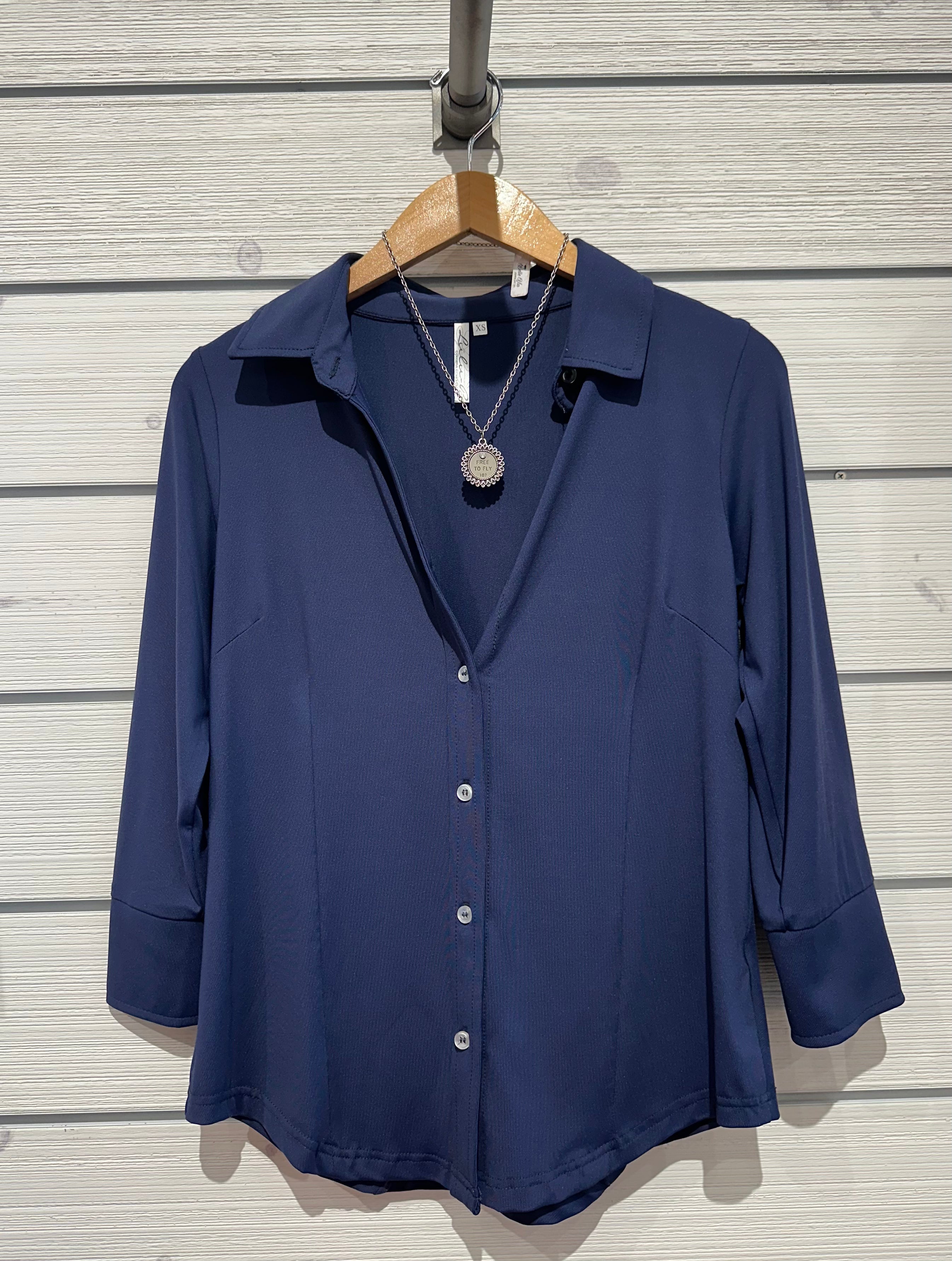 3/4 Sleeve Button Up SPX5023S Lulu B- Navy